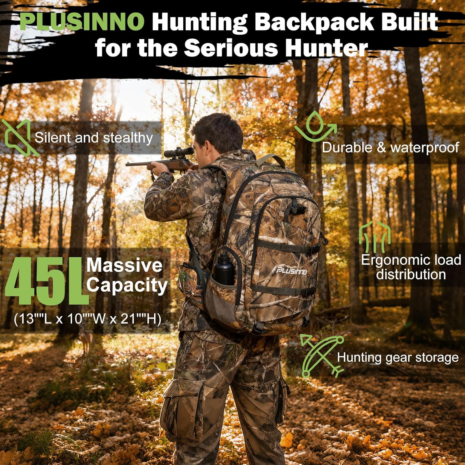 PLUSINNO Hunting Backpack for Hunting Essentials, 45L Waterproof Hunting Gear