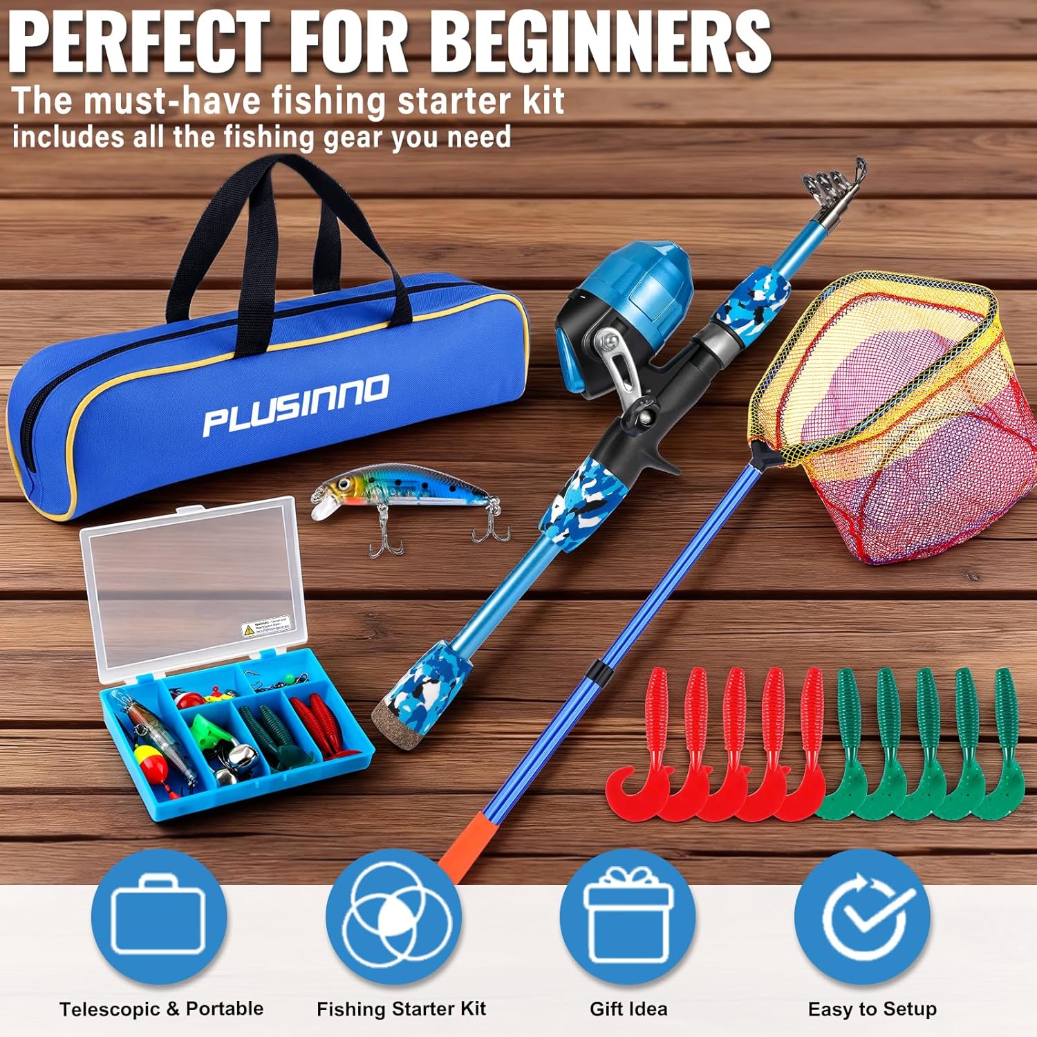 PLUSINNO KFR3 Kids Combo de caña de pescar Kits completos sin red