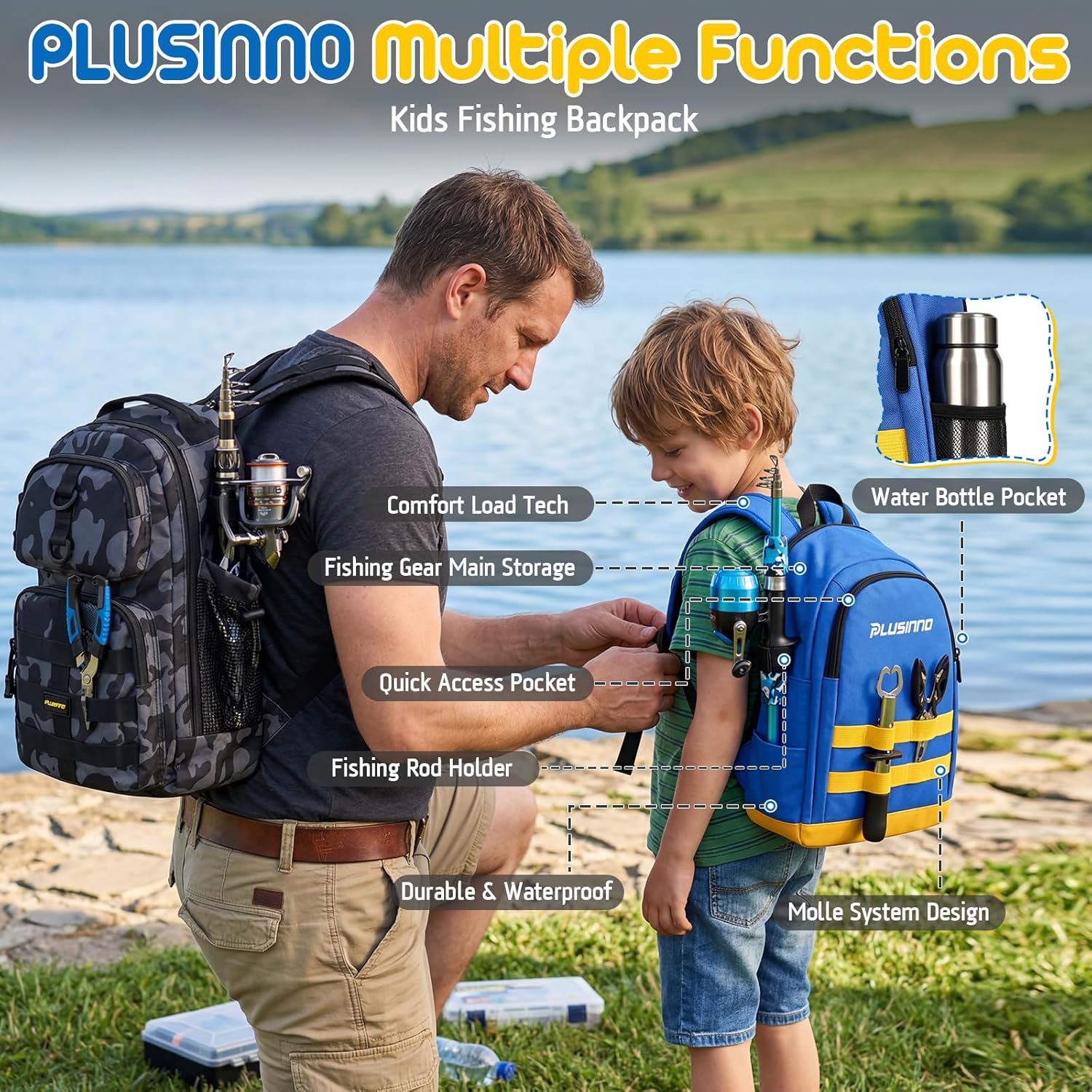 PLUSINNO Kids Fishing Pole, Telescopic Fishing Rod and Reel Combo, Fishing Gear Kit with Backpack, Tackle Box, Spincast Reel,
