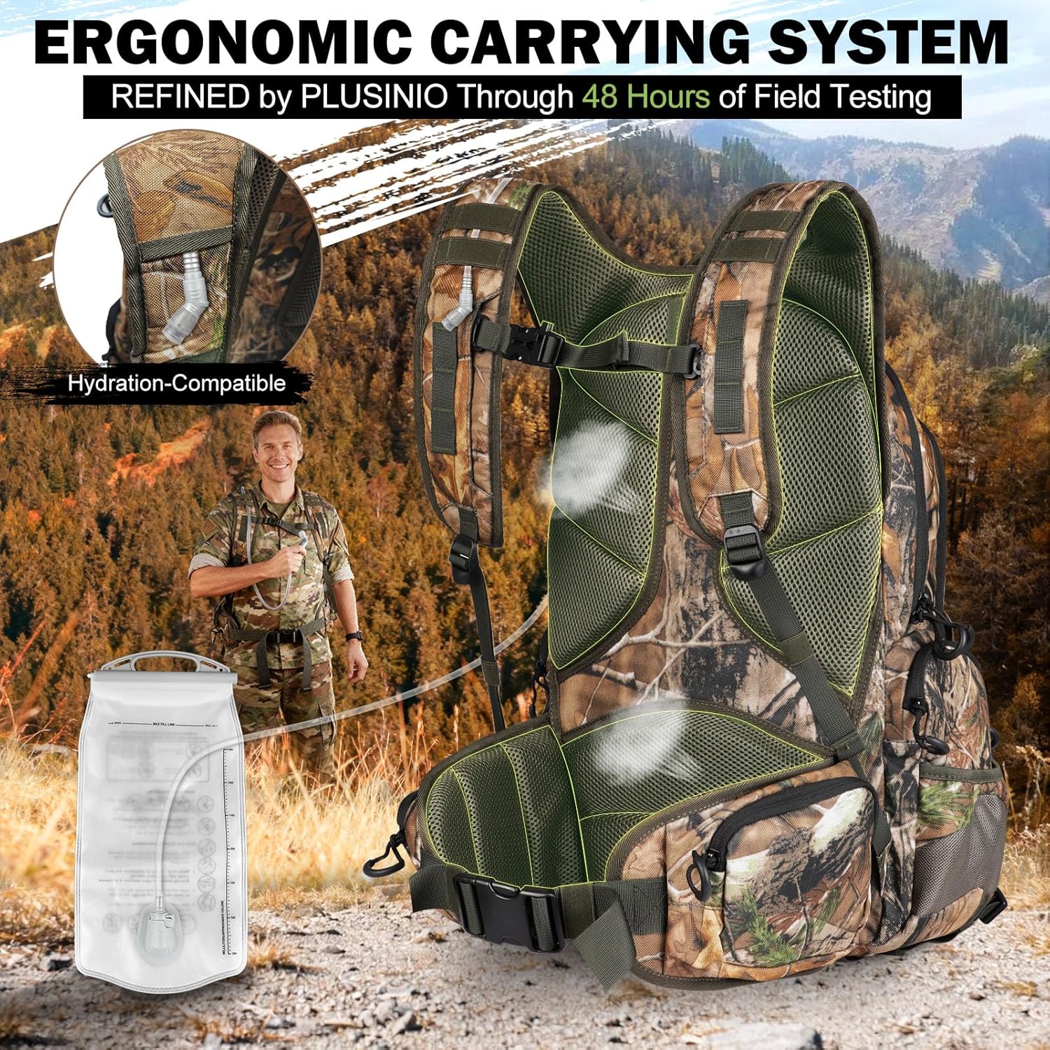 PLUSINNO Hunting Backpack for Hunting Essentials, 45L Waterproof Hunting Gear