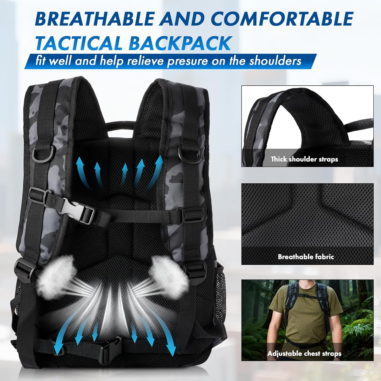 PLUSINNO Tactical Backpack, 40L Water Resistant Military Backpack, gym backpack for men