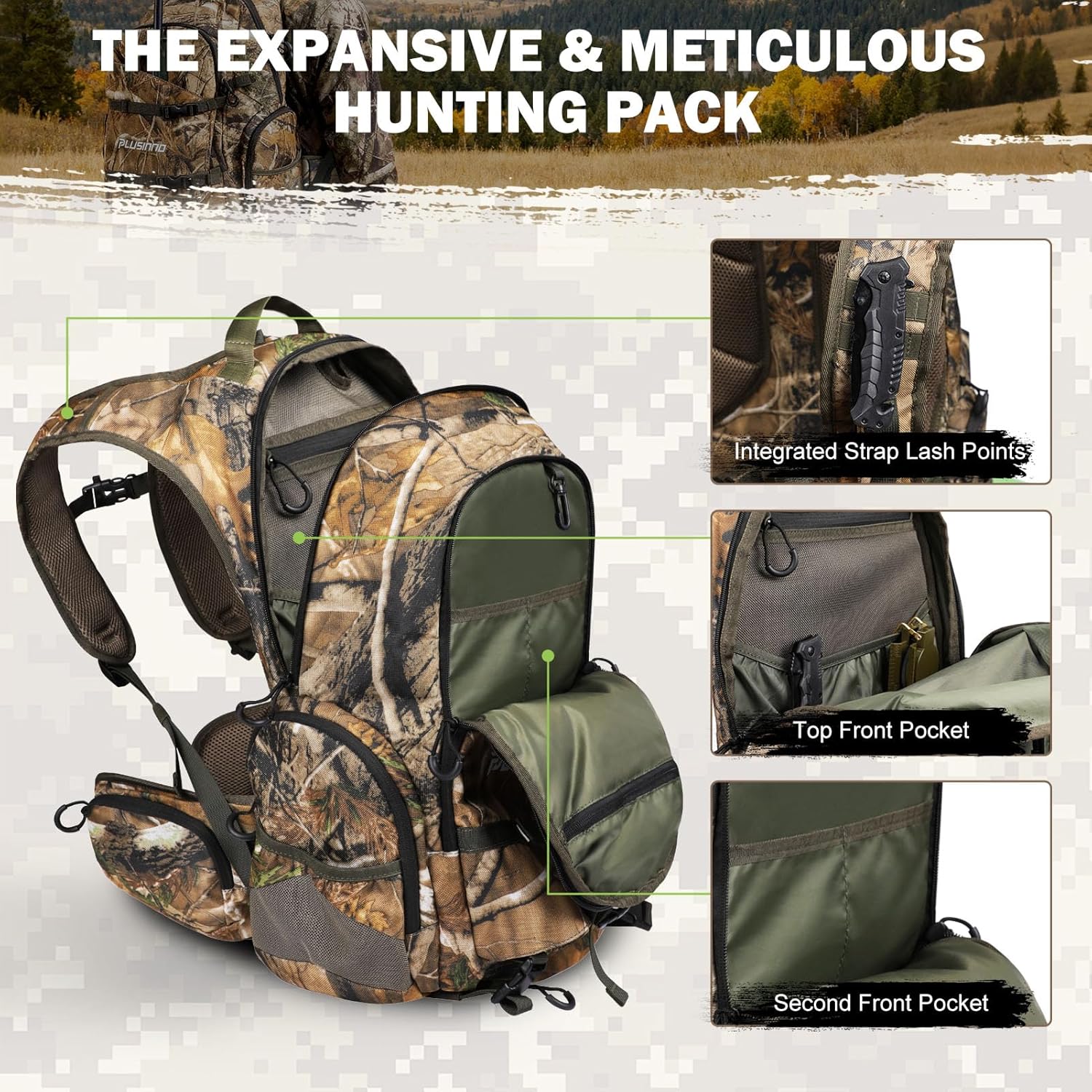 PLUSINNO Hunting Backpack for Hunting Essentials, 45L Waterproof Hunting Gear