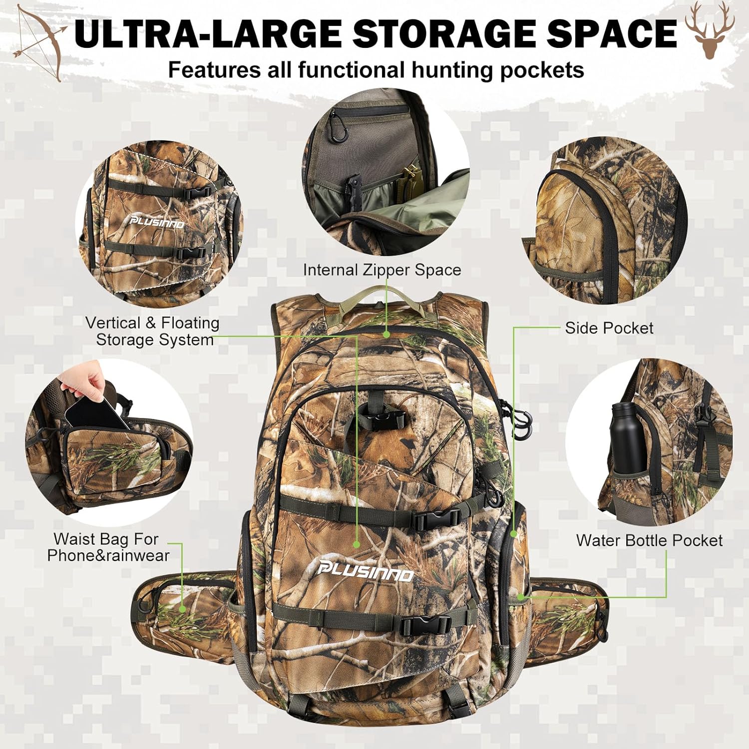 PLUSINNO Hunting Backpack for Hunting Essentials, 45L Waterproof Hunting Gear