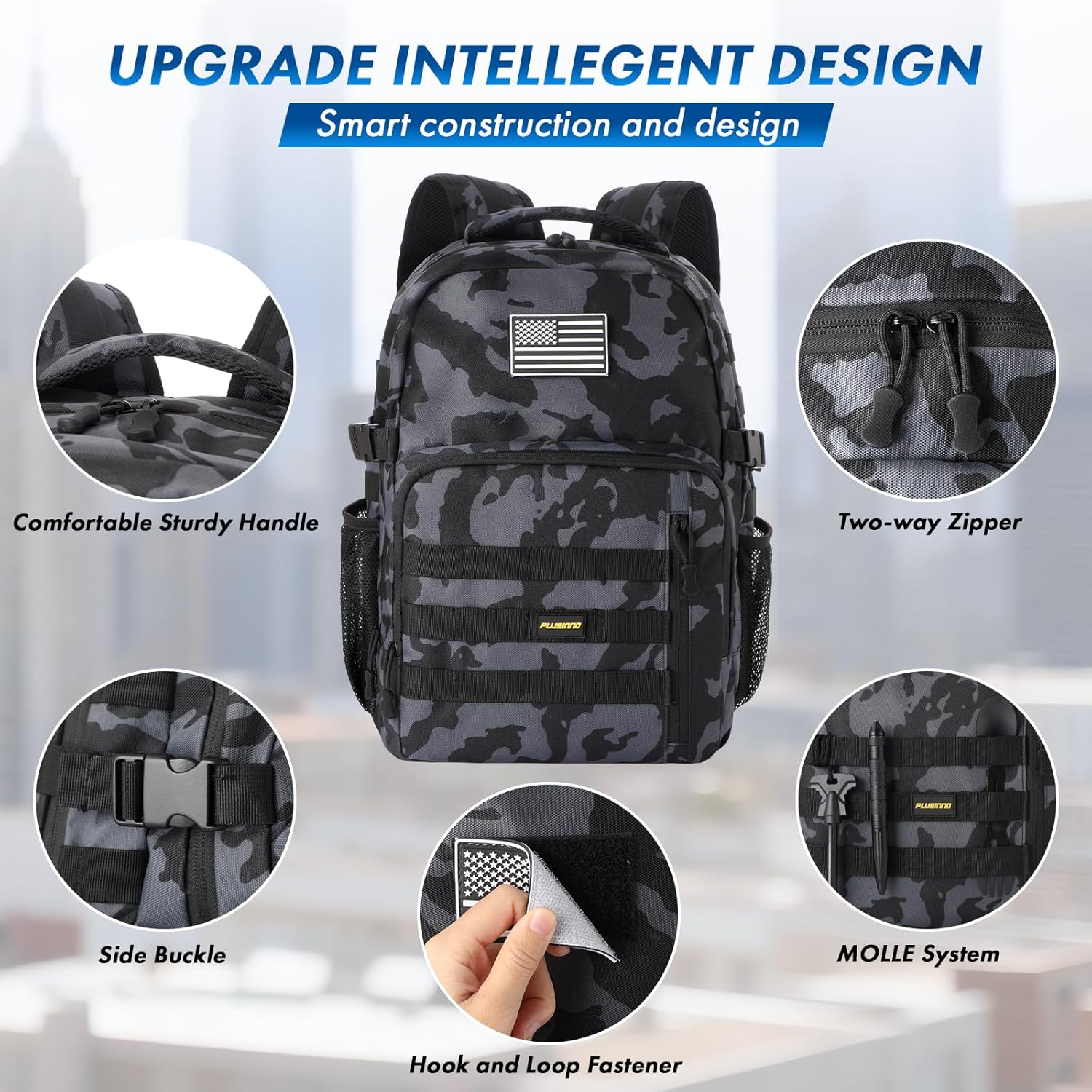 PLUSINNO Tactical Backpack, 40L Water Resistant Military Backpack, gym backpack for men