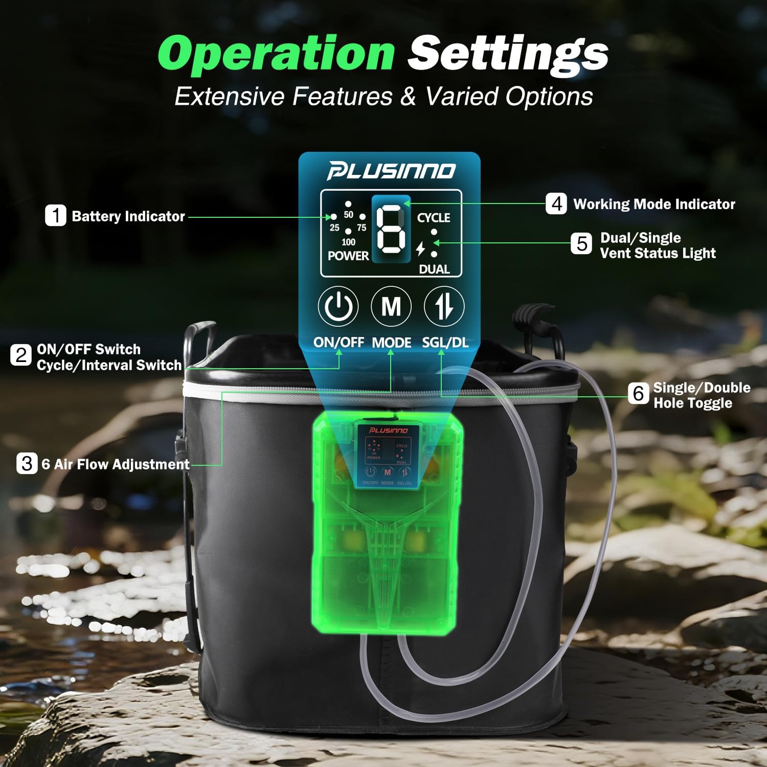 PLUSINNO Rechargeable Aerator for Bait Bucket with 3000mAh Battery
