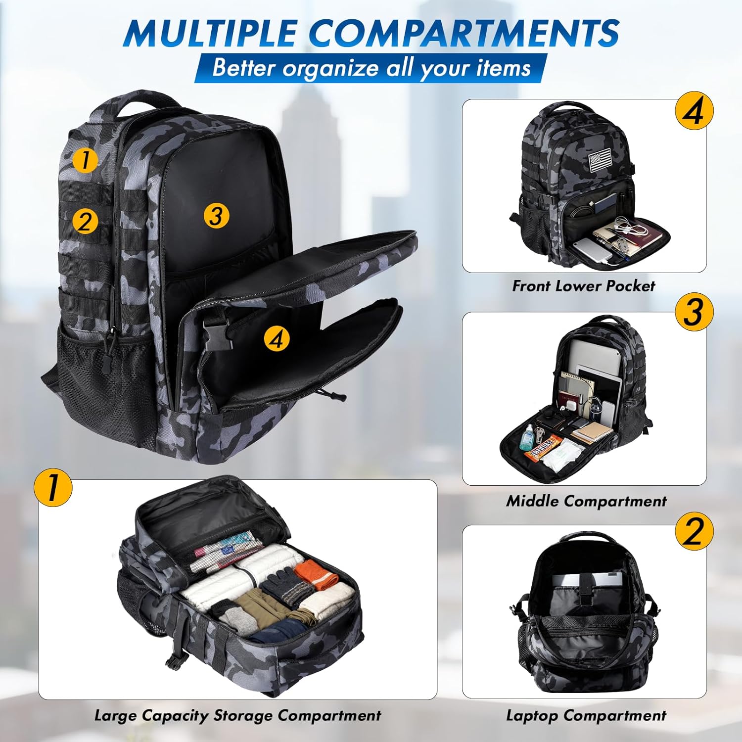PLUSINNO Tactical Backpack, 40L Water Resistant Military Backpack, gym backpack for men