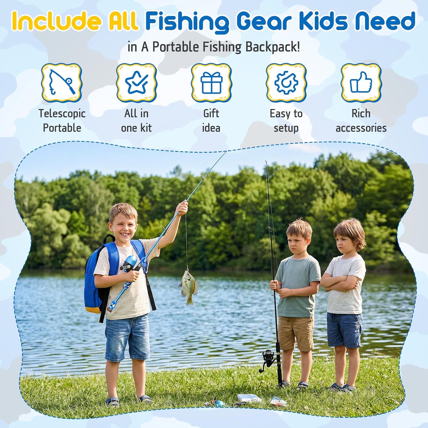 PLUSINNO Kids Fishing Pole, Telescopic Fishing Rod and Reel Combo, Fishing Gear Kit with Backpack, Tackle Box, Spincast Reel,