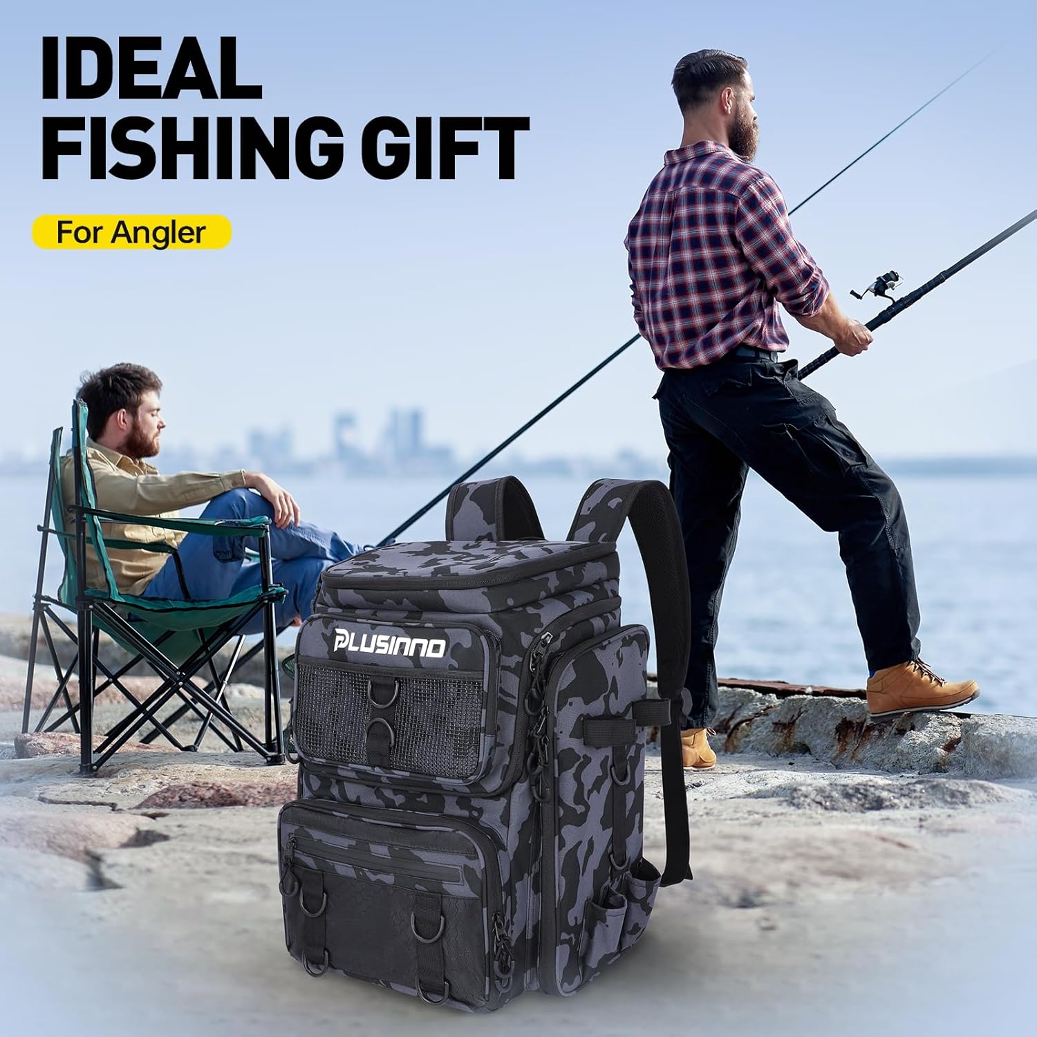 PLUSINNO Fishing Backpack with Fishing Gear Fish Net & Rod Holders Tackle Box, 42L Large Water-resistant Tackle Bag Store