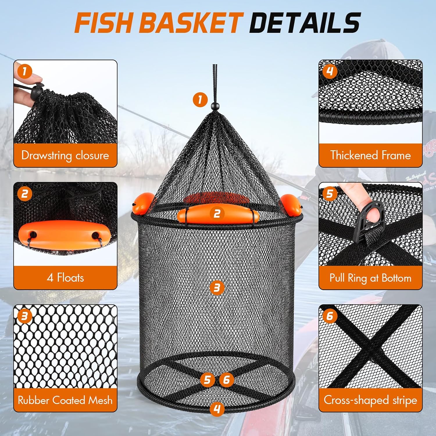 PLUSINNO Fishing Net with Floating Fish Basket 8.6 Gallons, Fishing Gear Kit