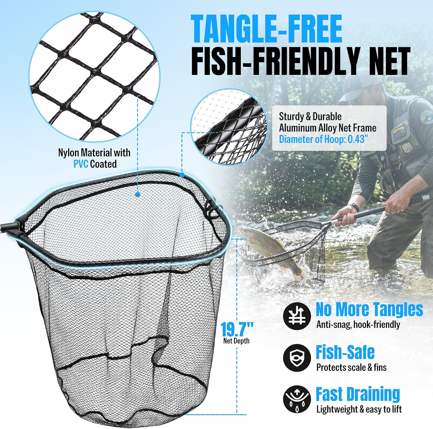 PLUSINNO Large Fishing Net, 3.4-7.7 FT Carbon Fiber Fish Net with Long Telescoping Handle,