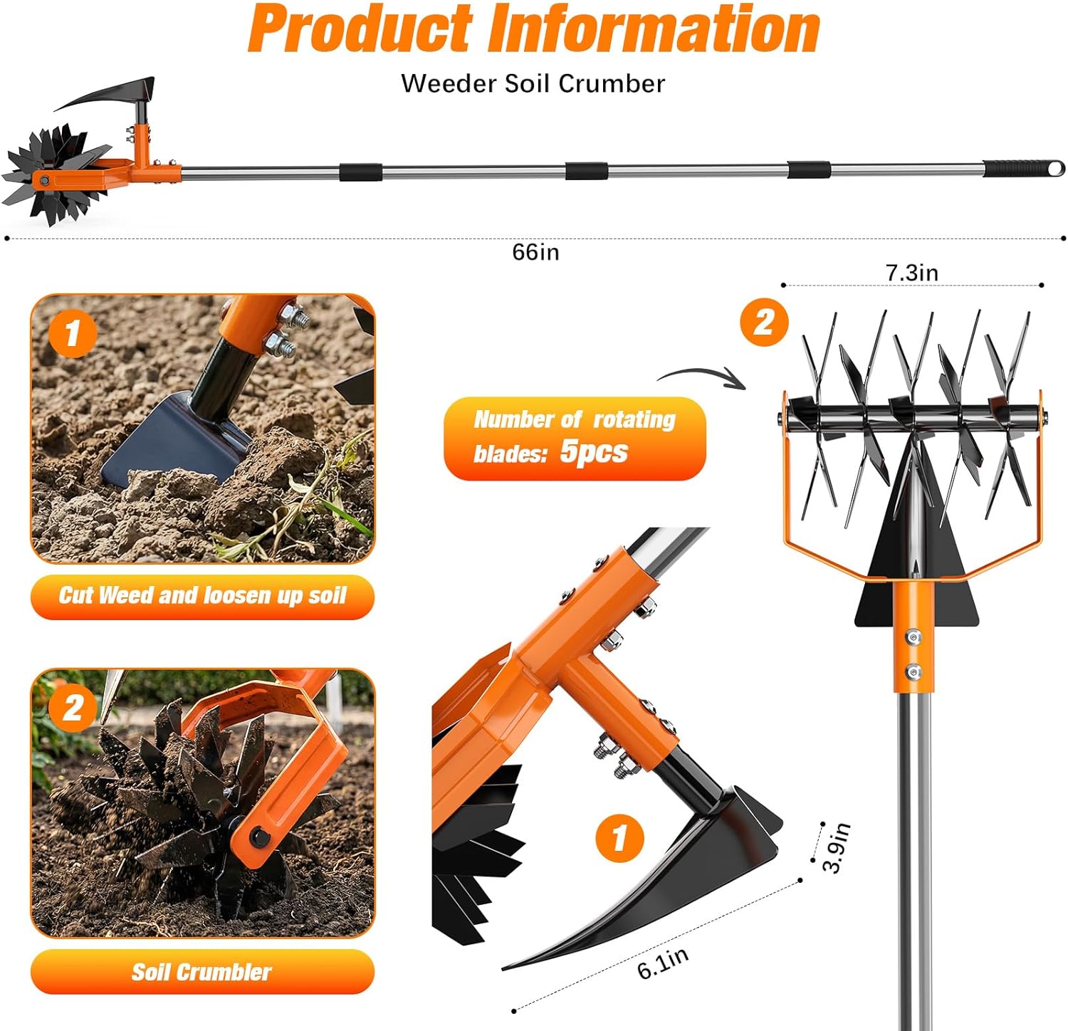 Hand Tiller Garden Cultivator, Garden Tiller with Upgrated Triangle Hoe and Adjustable Long Handle, 2-in-1 Weeder & Soil Aerator for Lawn Care, Cultivate, Plant, Reseed, Gardening Hand Tools