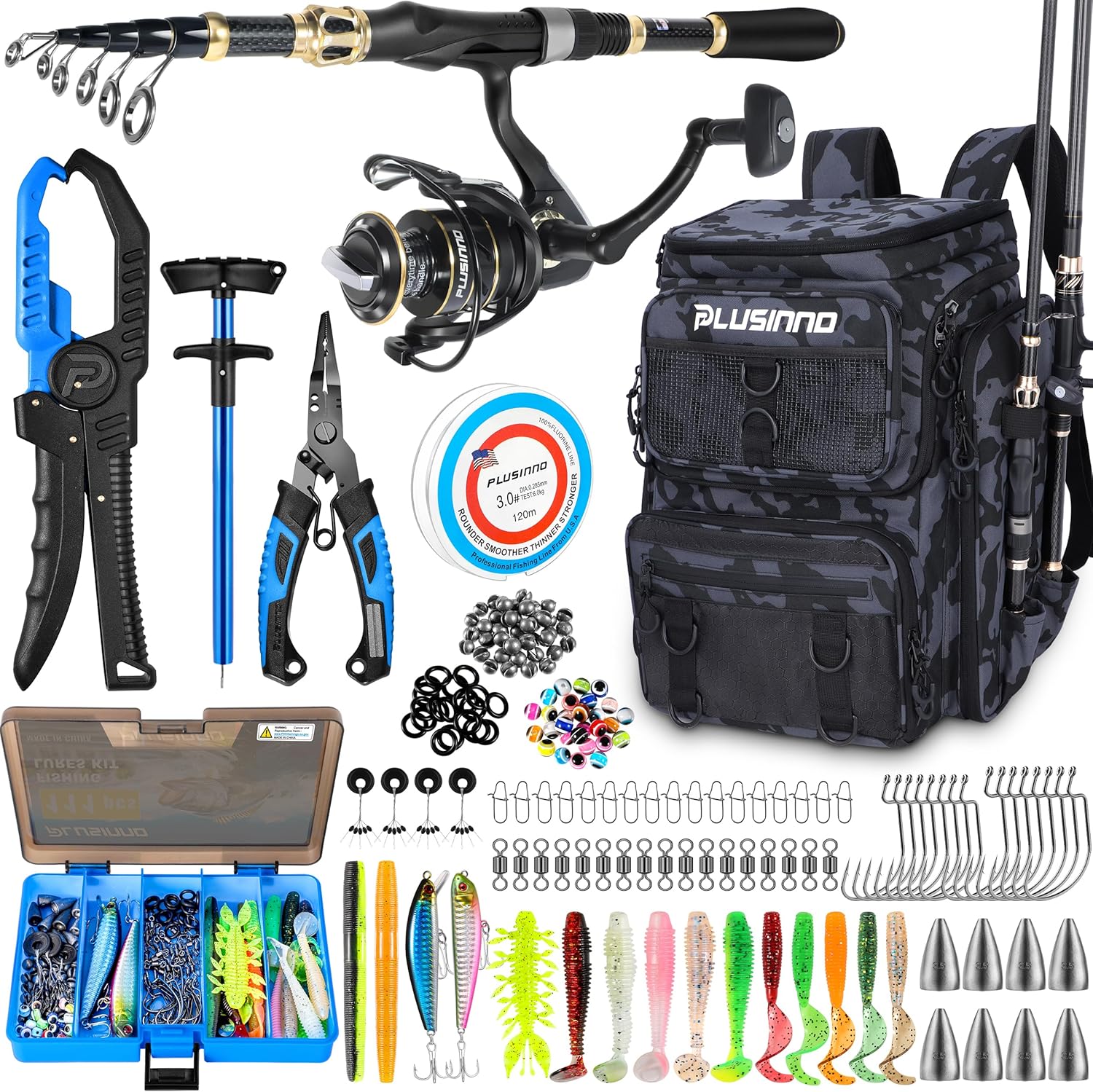 PLUSINNO Fishing Backpack with Fishing Gear Fish Net & Rod Holders Tackle Box, 42L Large Water-resistant Tackle Bag Store