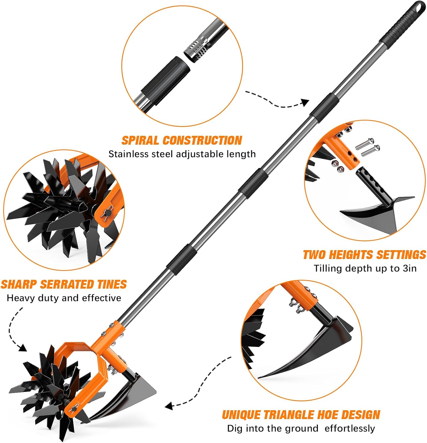Hand Tiller Garden Cultivator, Garden Tiller with Upgrated Triangle Hoe and Adjustable Long Handle, 2-in-1 Weeder & Soil Aerator for Lawn Care, Cultivate, Plant, Reseed, Gardening Hand Tools
