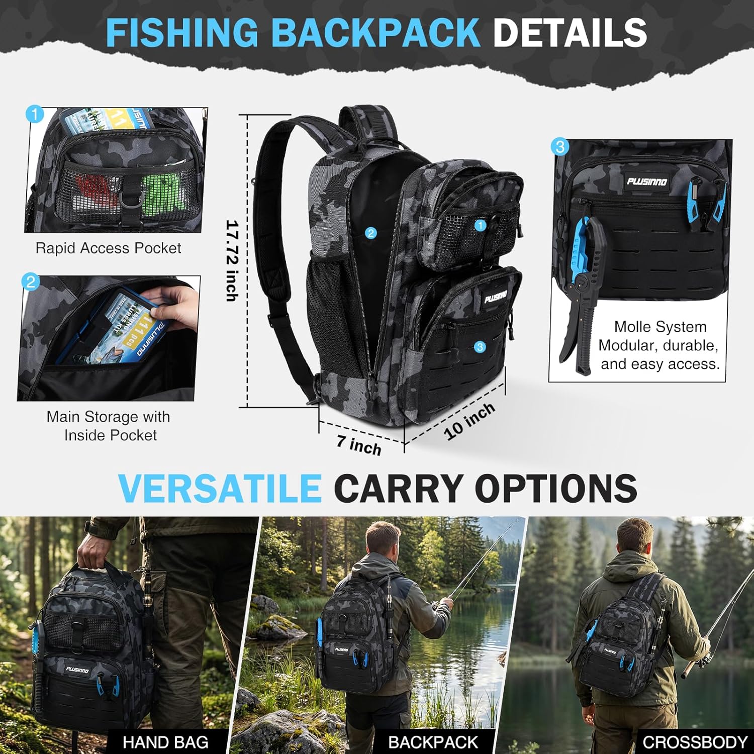 PLUSINNO Fishing Waterproof Tackle Backpack with Fishing Pliers, Fishing Net, Lures,