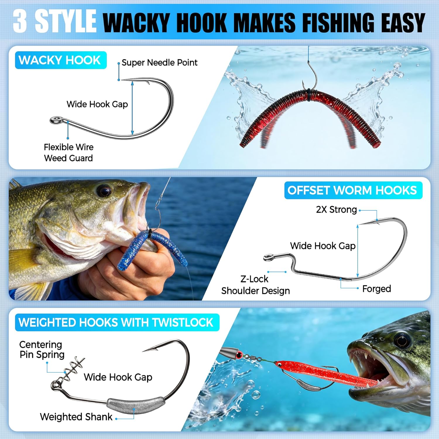 PLUSINNO 220PCS Wacky Worm Fishing Lure Kit, Soft Plastic Fishing Lures