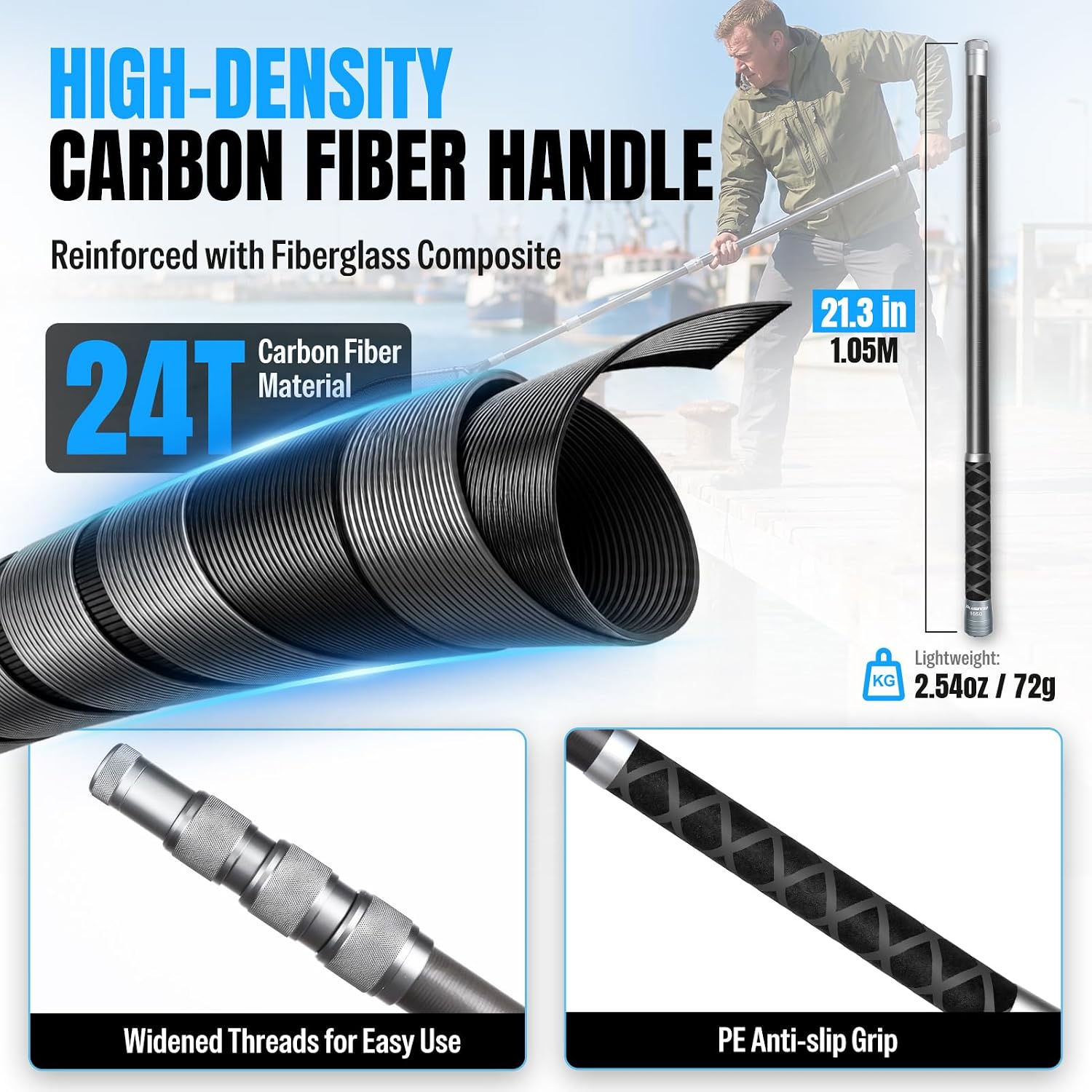 PLUSINNO Large Fishing Net, 3.4-7.7 FT Carbon Fiber Fish Net with Long Telescoping Handle,
