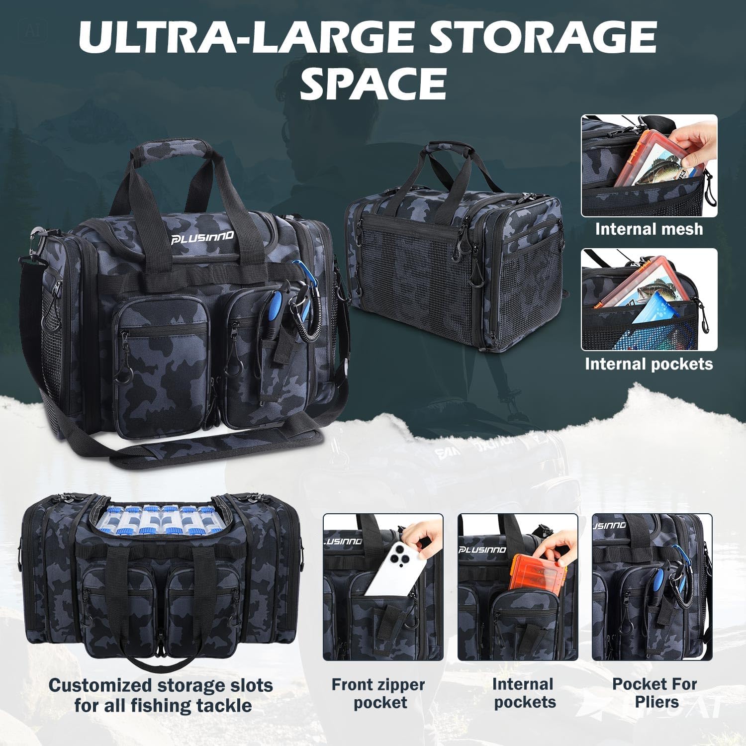 PLUSINNO Tackle Bag - Expandable Fishing Bag with fishing tools
