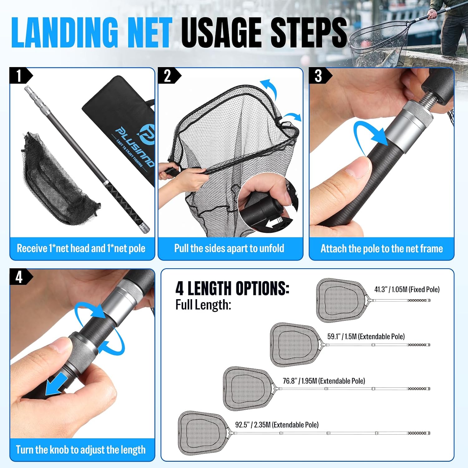 PLUSINNO Large Fishing Net, 3.4-7.7 FT Carbon Fiber Fish Net with Long Telescoping Handle,