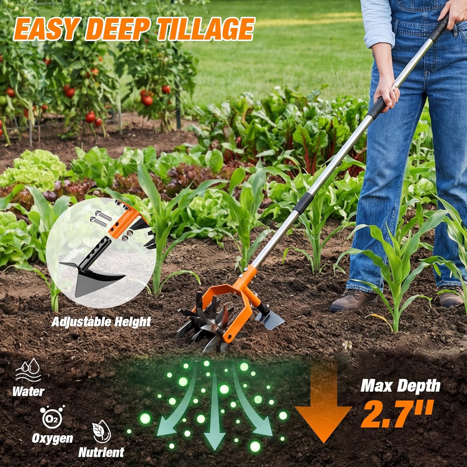 Hand Tiller Garden Cultivator, Garden Tiller with Upgrated Triangle Hoe and Adjustable Long Handle, 2-in-1 Weeder & Soil Aerator for Lawn Care, Cultivate, Plant, Reseed, Gardening Hand Tools