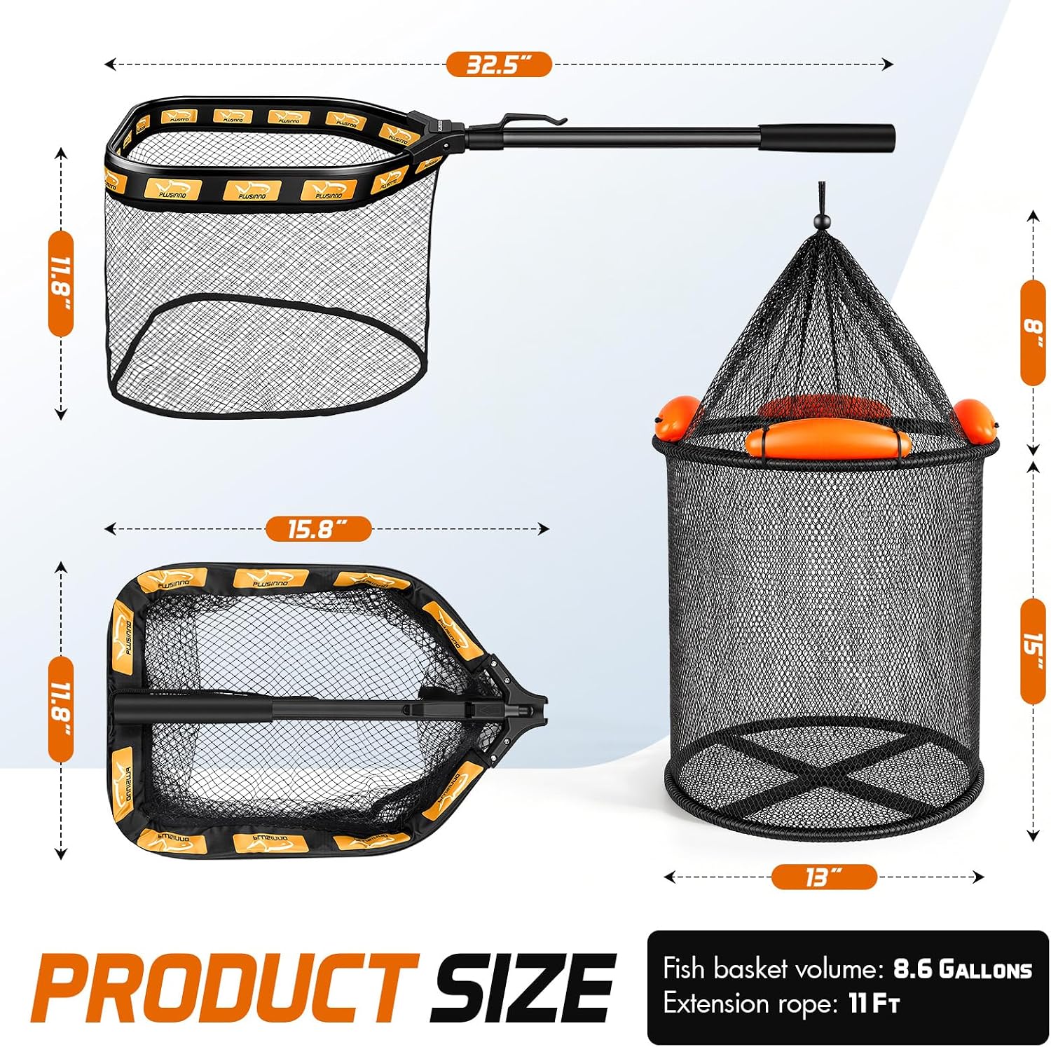 PLUSINNO Fishing Net with Floating Fish Basket 8.6 Gallons, Fishing Gear Kit