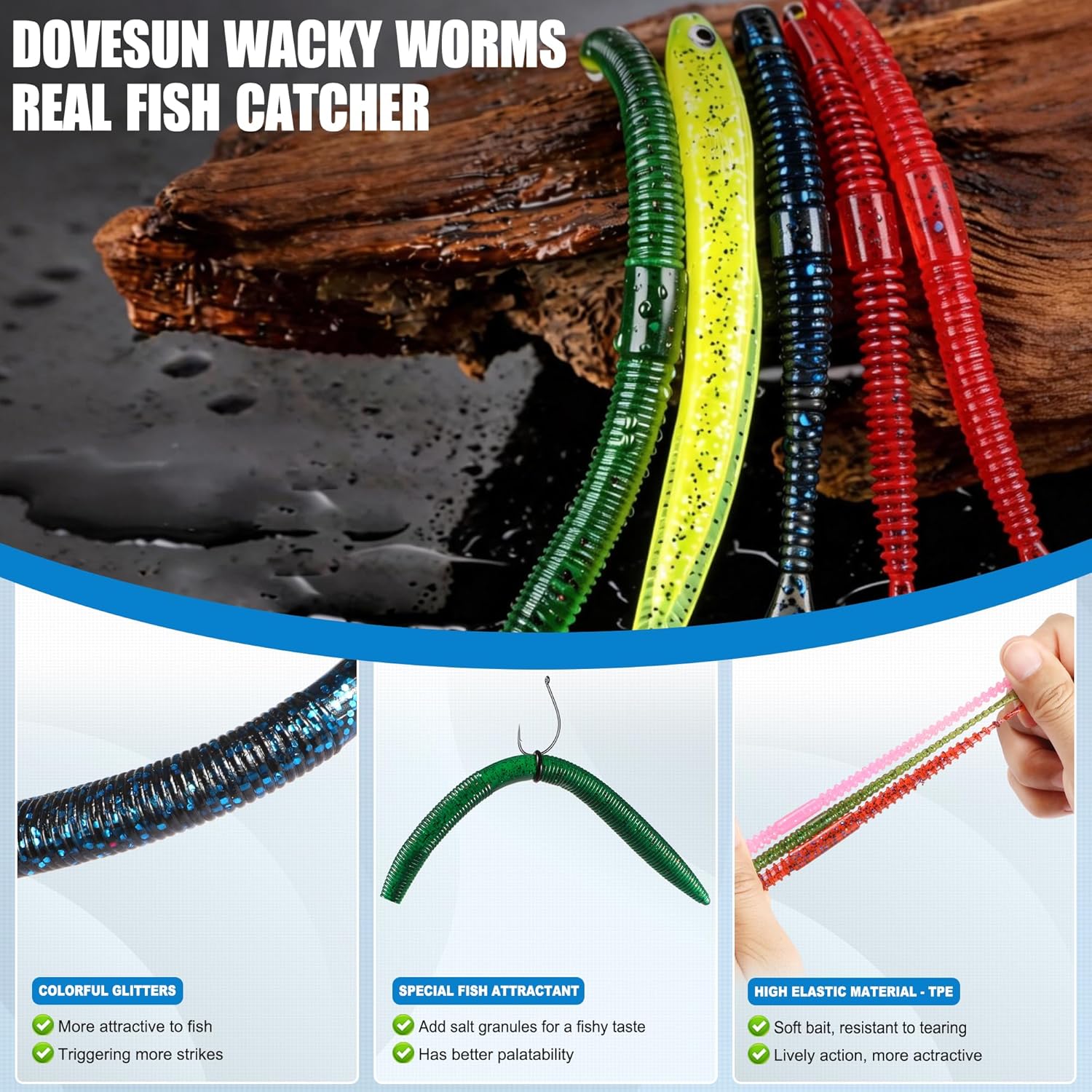 PLUSINNO 220PCS Wacky Worm Fishing Lure Kit, Soft Plastic Fishing Lures