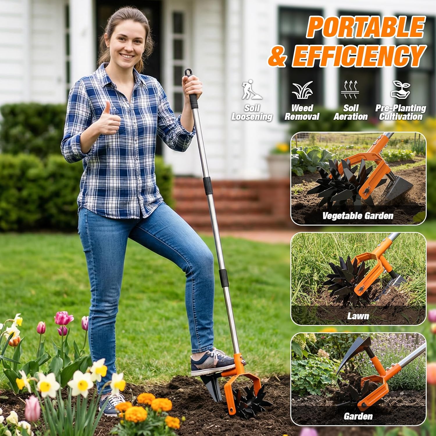 Hand Tiller Garden Cultivator, Garden Tiller with Upgrated Triangle Hoe and Adjustable Long Handle, 2-in-1 Weeder & Soil Aerator for Lawn Care, Cultivate, Plant, Reseed, Gardening Hand Tools