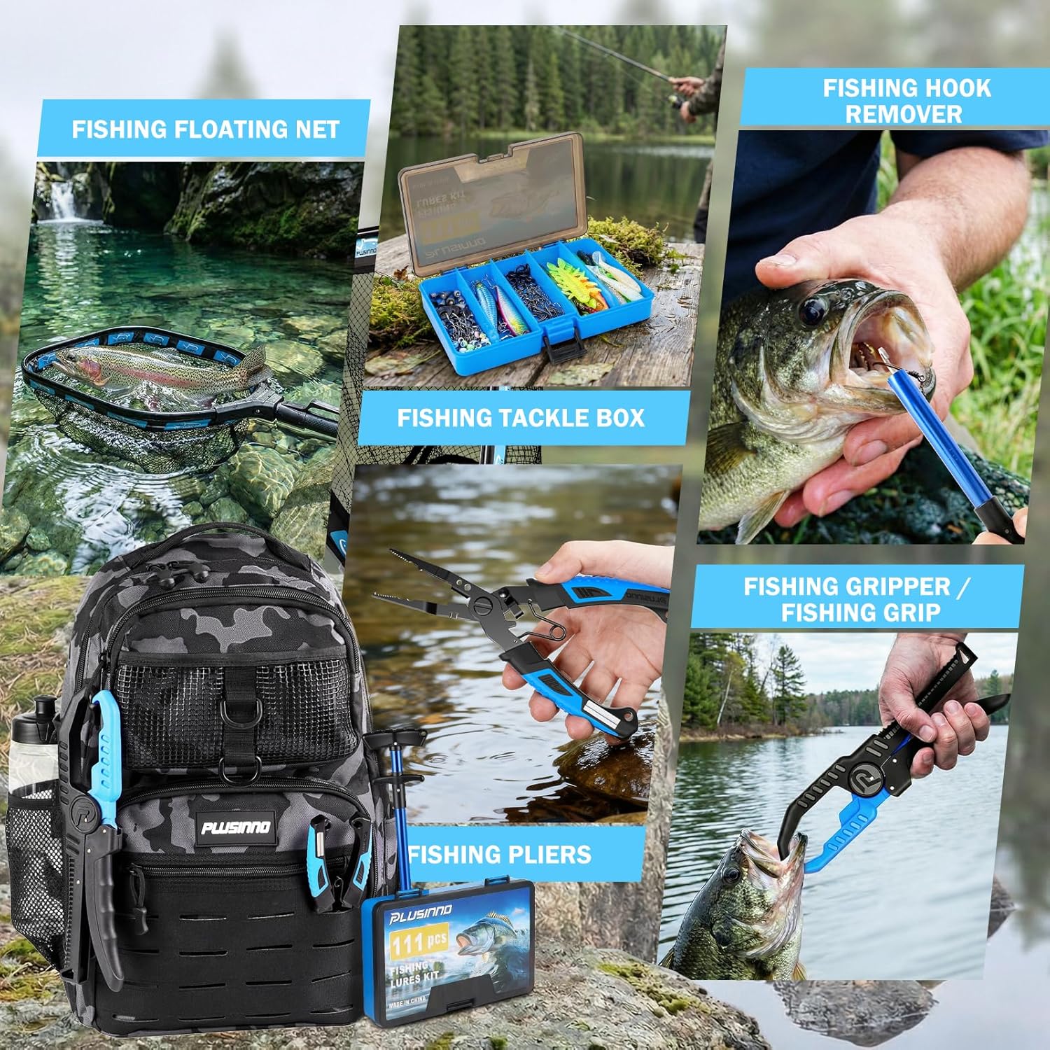 PLUSINNO Fishing Waterproof Tackle Backpack with Fishing Pliers, Fishing Net, Lures,