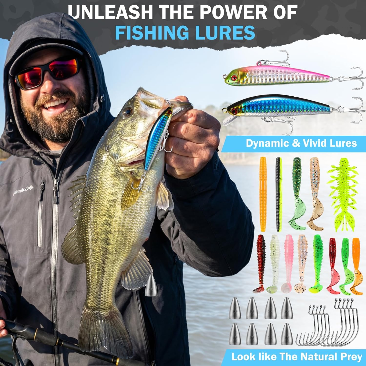 PLUSINNO Fishing Backpack with Fishing Pliers and 111PCS Fishing Bait