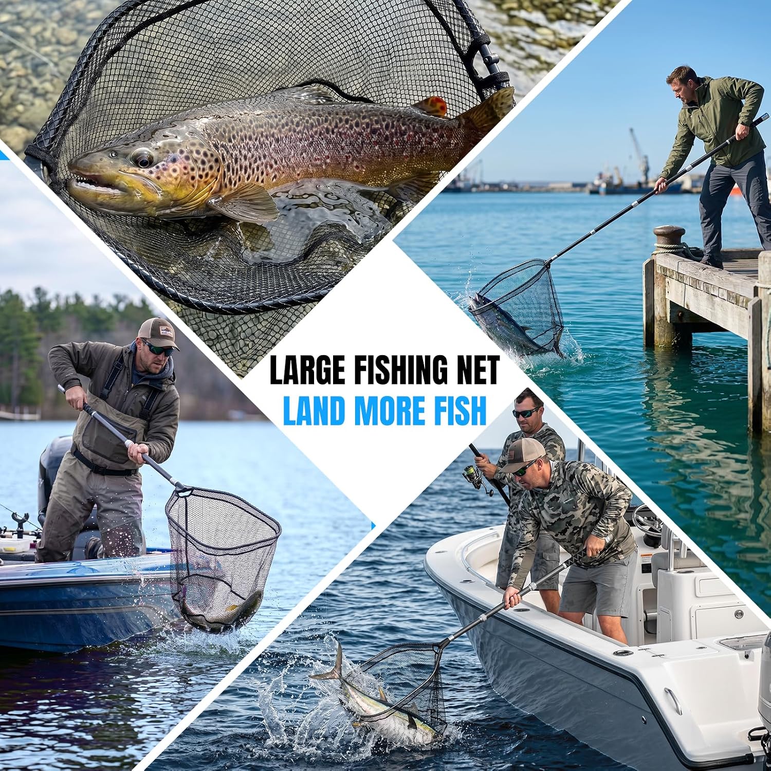 PLUSINNO Large Fishing Net, 3.4-7.7 FT Carbon Fiber Fish Net with Long Telescoping Handle,