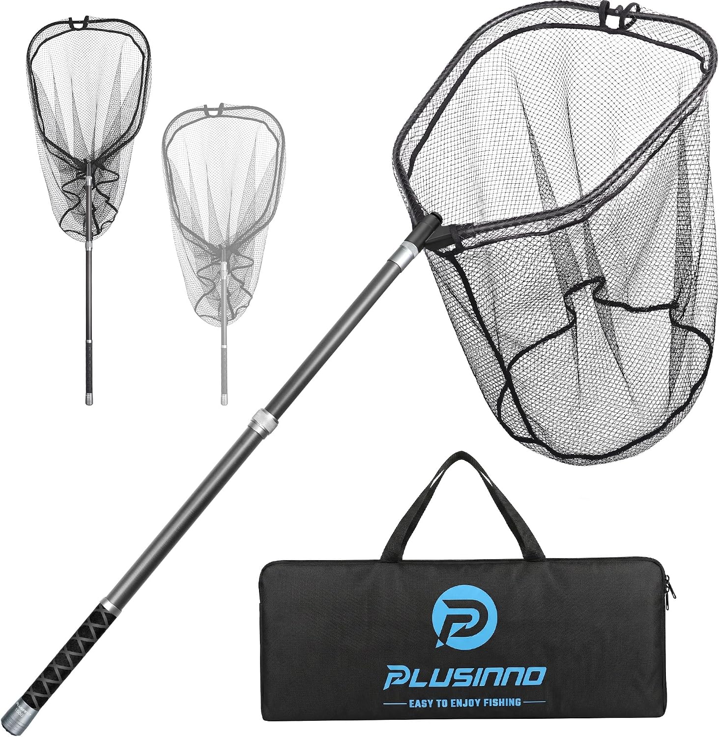 PLUSINNO Large Fishing Net, 3.4-7.7 FT Carbon Fiber Fish Net with Long Telescoping Handle,
