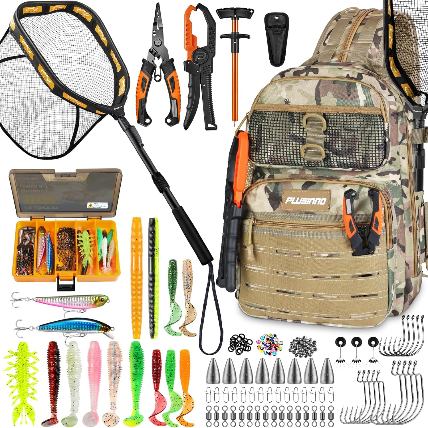 PLUSINNO Fishing Waterproof Tackle Backpack with Fishing Pliers, Fishing Net, Lures,