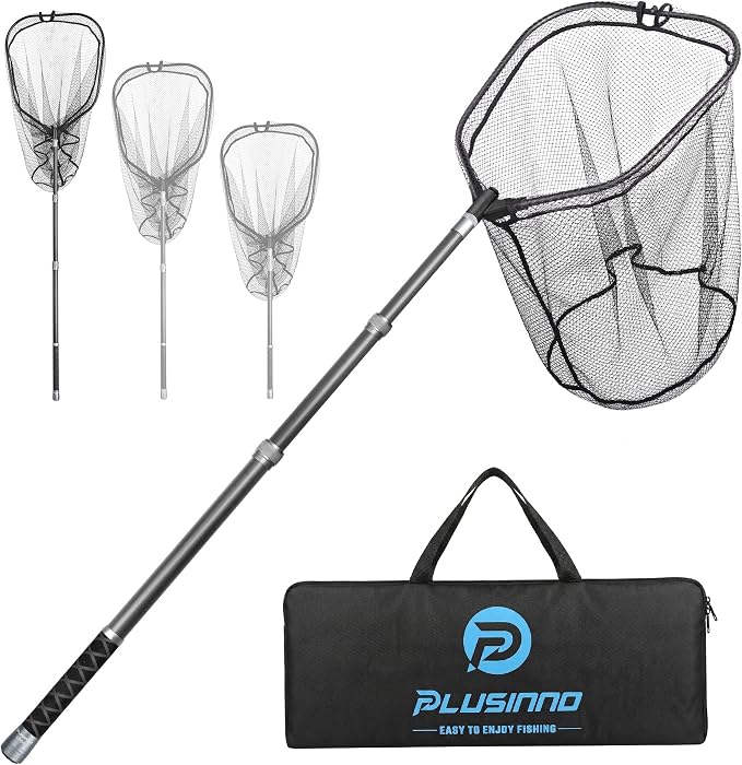 PLUSINNO Large Fishing Net, 3.4-7.7 FT Carbon Fiber Fish Net with Long Telescoping Handle,