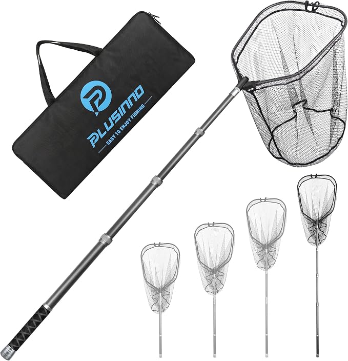 PLUSINNO Large Fishing Net, 3.4-7.7 FT Carbon Fiber Fish Net with Long Telescoping Handle,