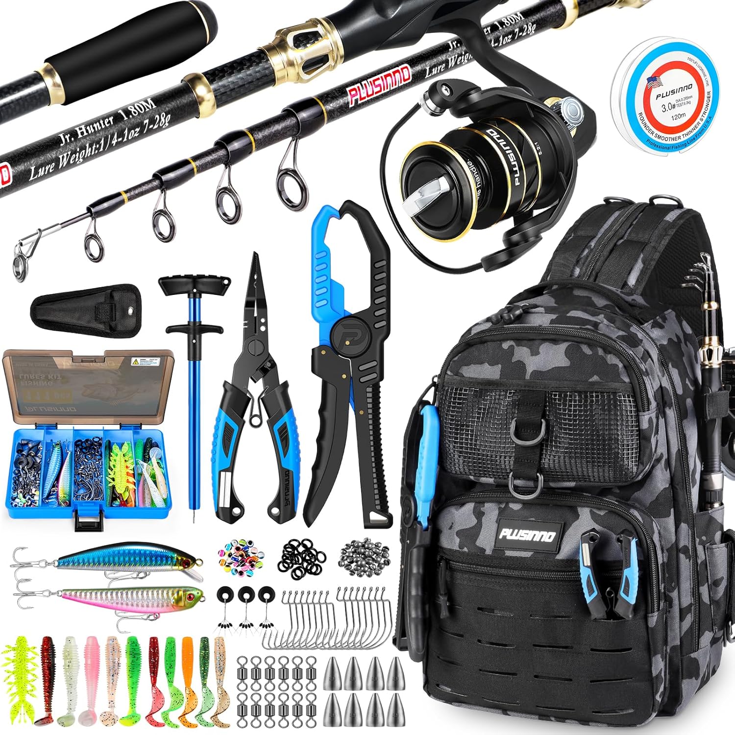 PLUSINNO Fishing Rod and Reel Combos with 1.8M Fishing Rod, Spinning Reel, Fishing Pliers, Fishing Lures, Waterproof Tackle Backpack, Fishing line