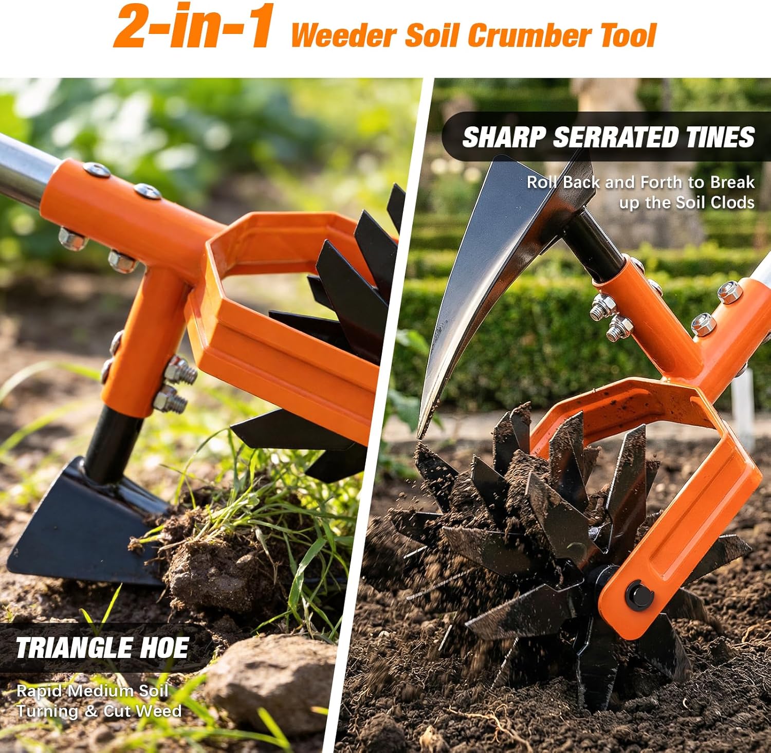Hand Tiller Garden Cultivator, Garden Tiller with Upgrated Triangle Hoe and Adjustable Long Handle, 2-in-1 Weeder & Soil Aerator for Lawn Care, Cultivate, Plant, Reseed, Gardening Hand Tools