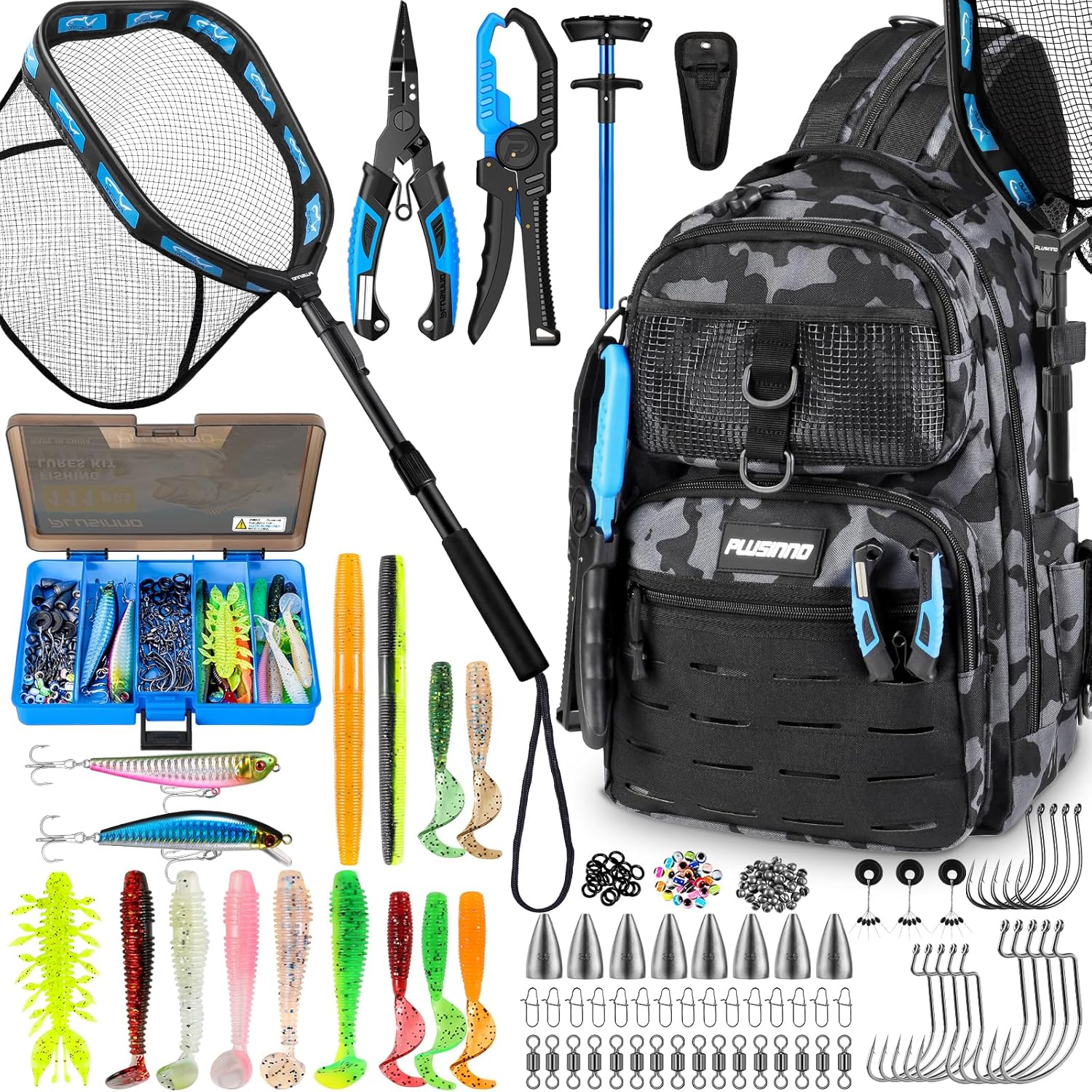PLUSINNO Fishing Waterproof Tackle Backpack with Fishing Pliers, Fishing Net, Lures,