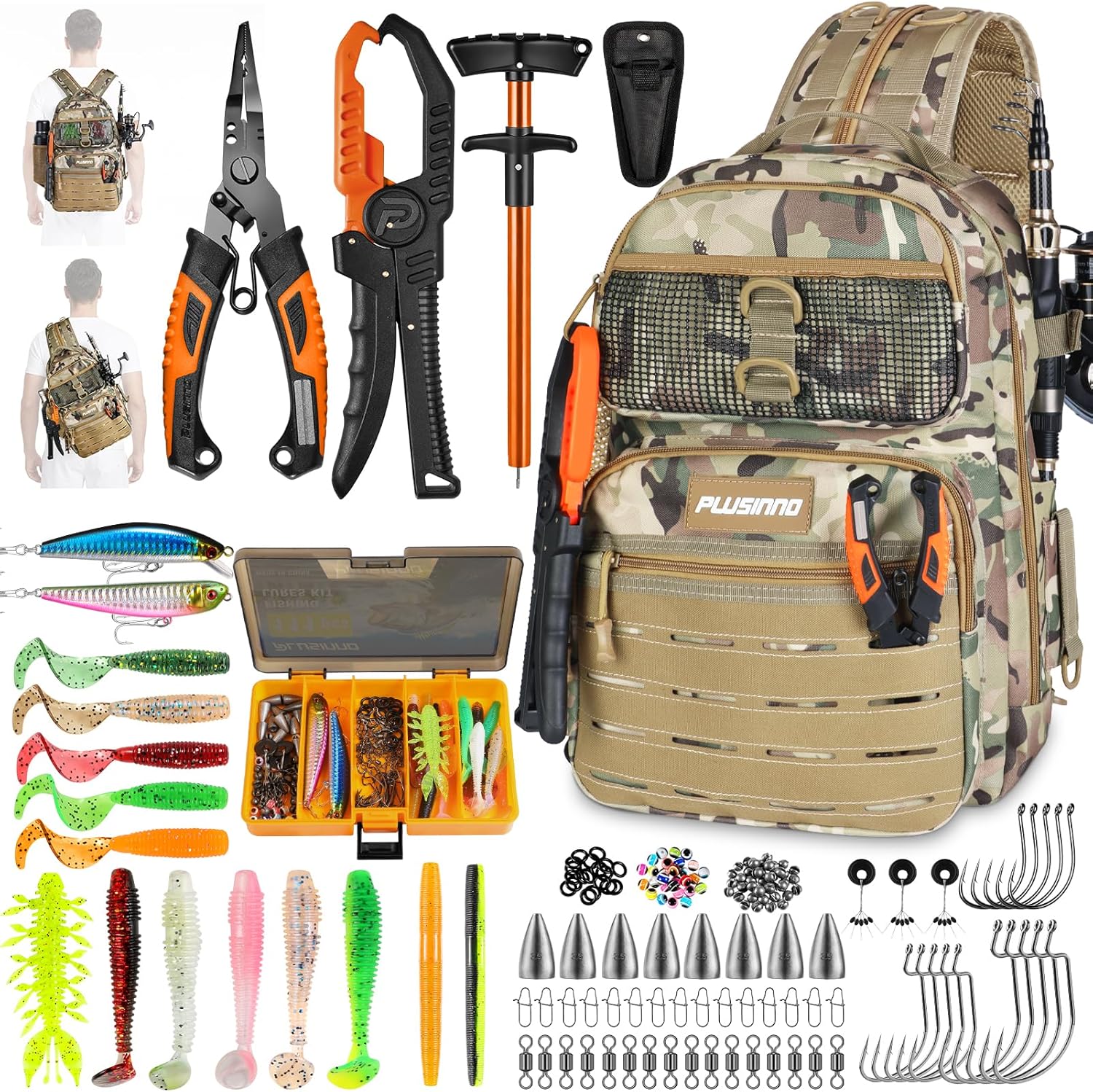PLUSINNO Fishing Backpack with Fishing Pliers and 111PCS Fishing Bait