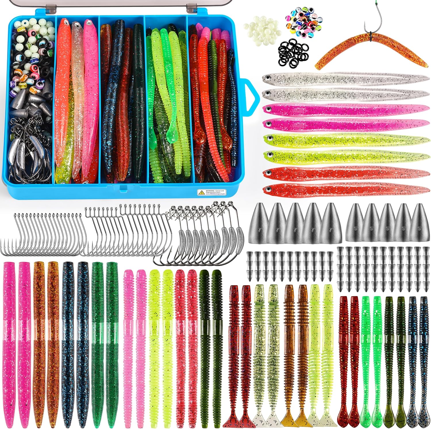 PLUSINNO 220PCS Wacky Worm Fishing Lure Kit, Soft Plastic Fishing Lures