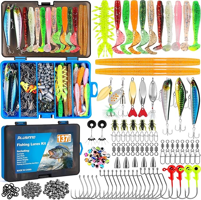 PLUSINNO Fishing Lures, 137Pcs Tackle Box with Tackle Included, – Plusinno