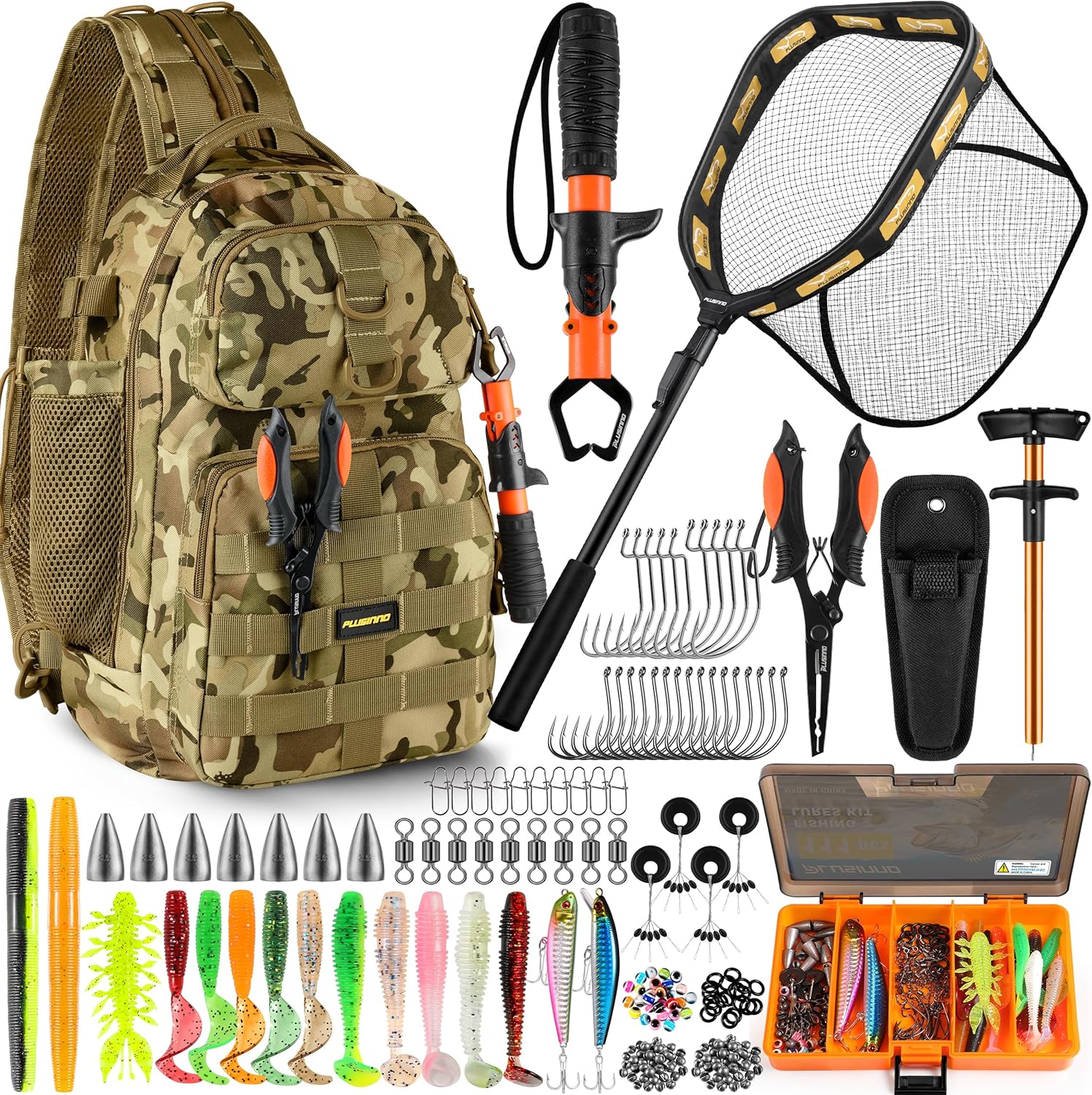 PLUSINNO Fishing Backpack with Tackle Boxes, Floating Fishing Net, Fishing rod.