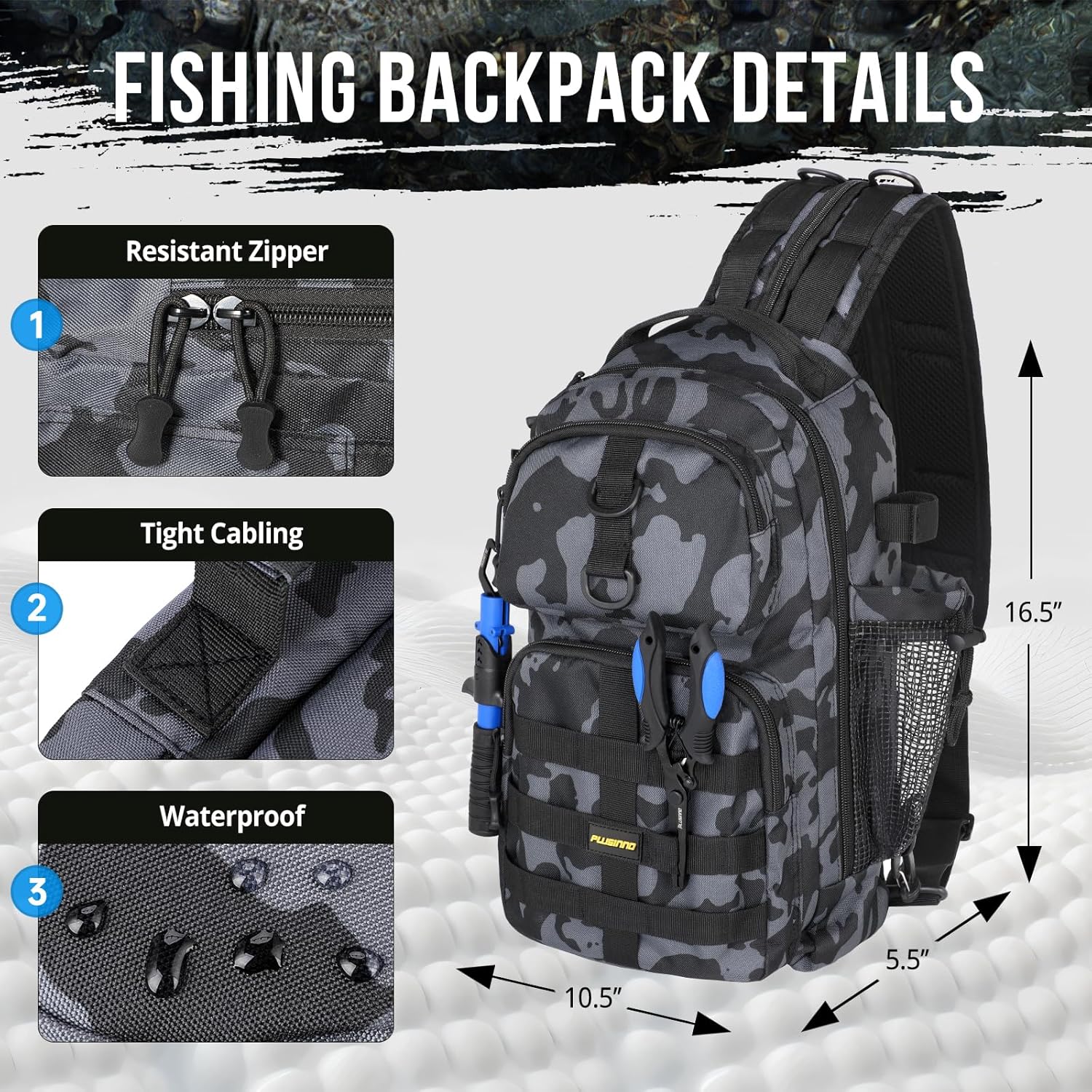 PLUSINNO Fishing Backpack with Tackle Boxes, Waterproof Sling Tackle Bag For Fishing Gear