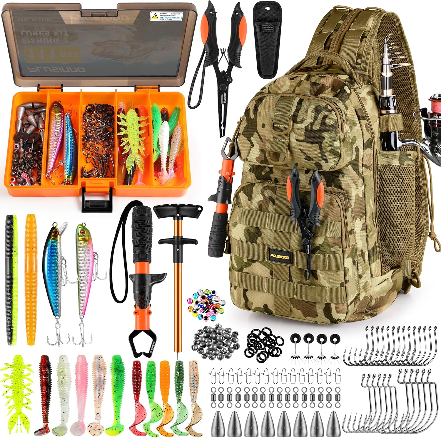 PLUSINNO Fishing Backpack with Tackle Boxes, Waterproof Sling Tackle Bag For Fishing Gear