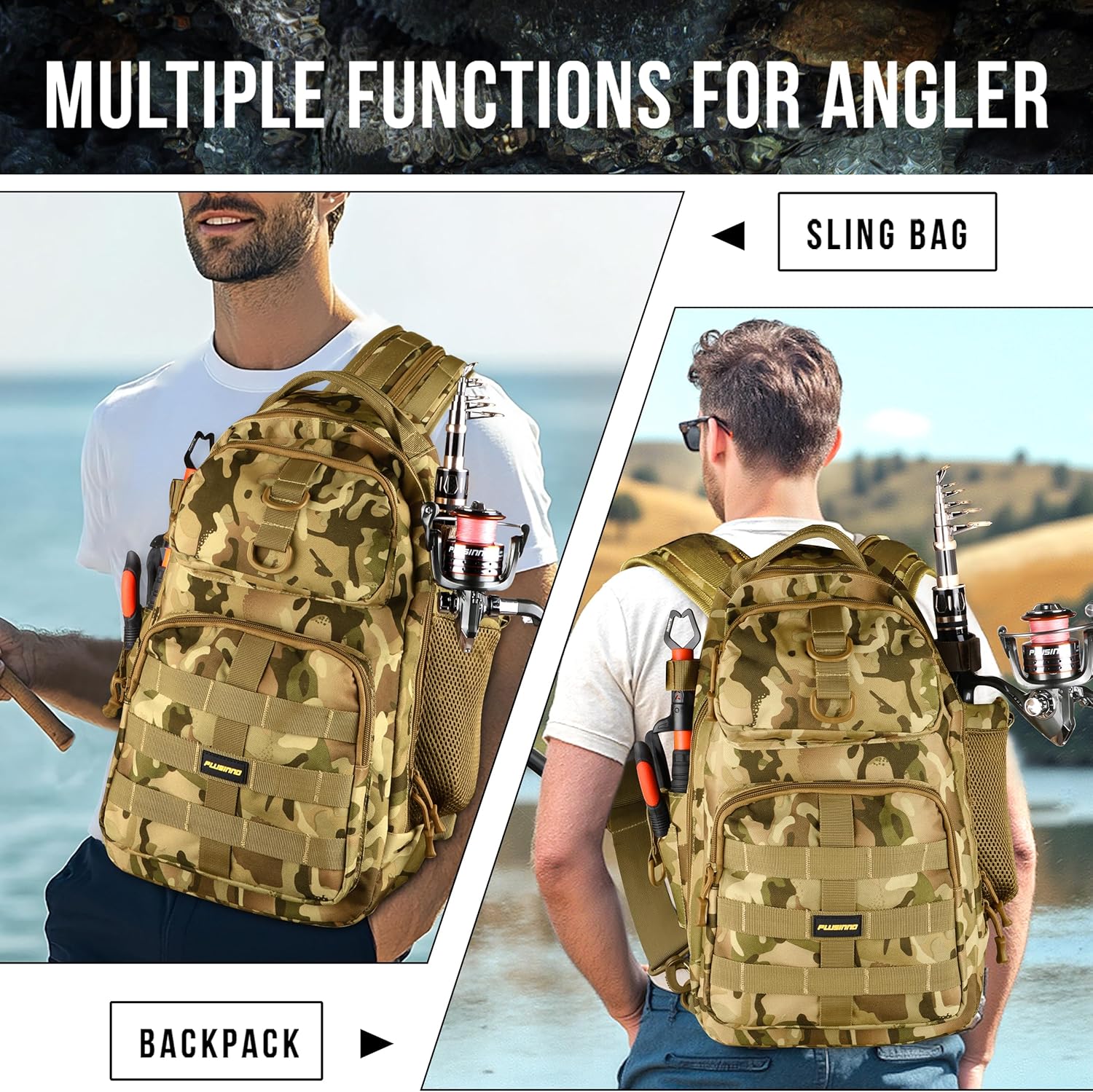 PLUSINNO Fishing Backpack with Tackle Boxes, Waterproof Sling Tackle Bag For Fishing Gear