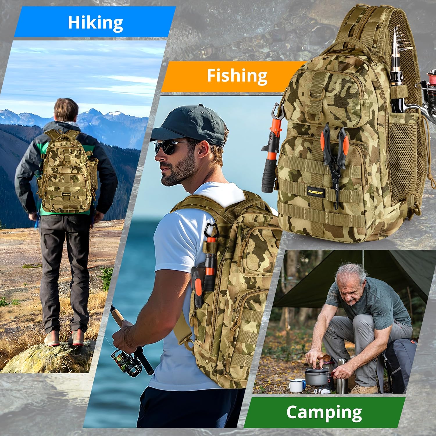 PLUSINNO Fishing Backpack with Tackle Boxes, Waterproof Sling Tackle Bag For Fishing Gear