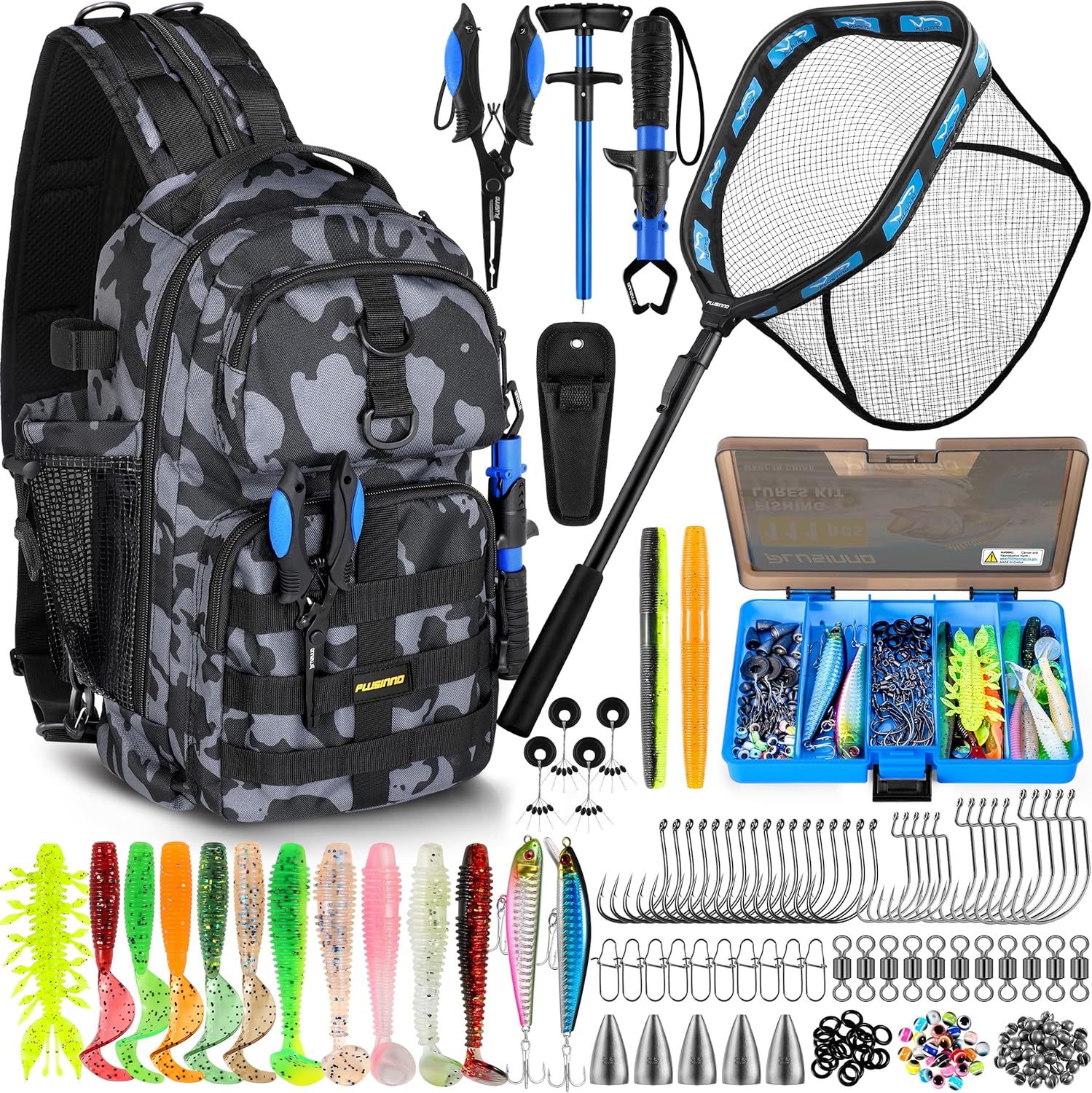 PLUSINNO Fishing Backpack with Tackle Boxes, Floating Fishing Net, Fishing rod.