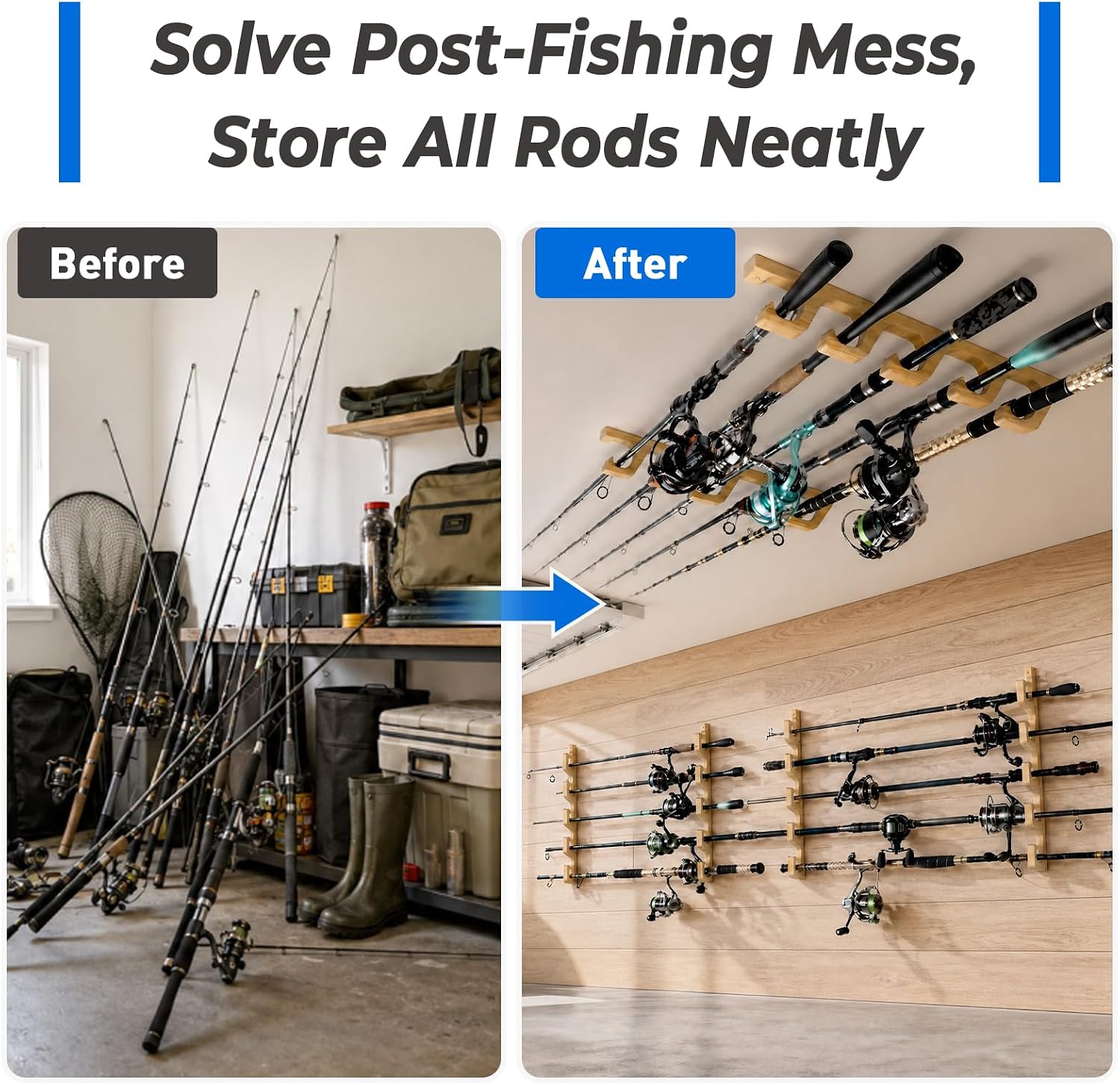 PLUSINNO H5W Solid Wood Fishing Rod Holder, Horizontal Wall & Ceiling Mount Fishing Pole Holders for Garage Storage, Holds 5Rods,