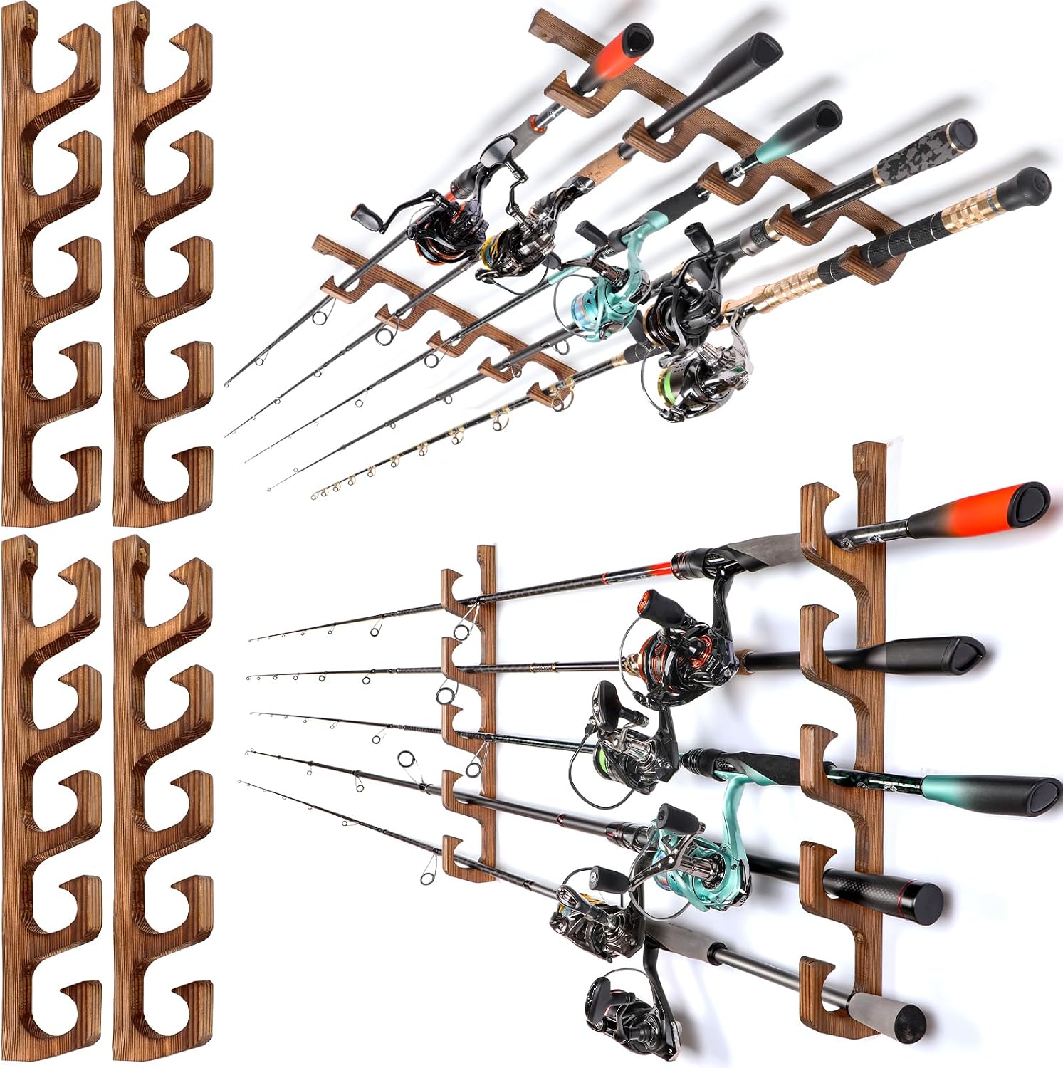 PLUSINNO H5W Solid Wood Fishing Rod Holder, Horizontal Wall & Ceiling Mount Fishing Pole Holders for Garage Storage, Holds 5Rods,