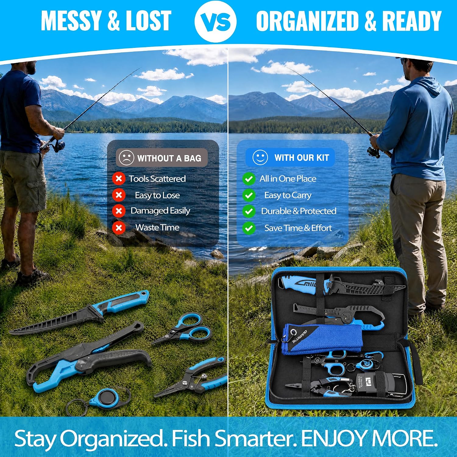 PLUSINNO 9PCS Fishing Gear, Fishing Tools with Tools Bag, Fishing Accessories, Corrosion Resistant Fishing Pliers Kit, Fishing Knife, Fish Lip Gripper, Fishing Scale, Towel
