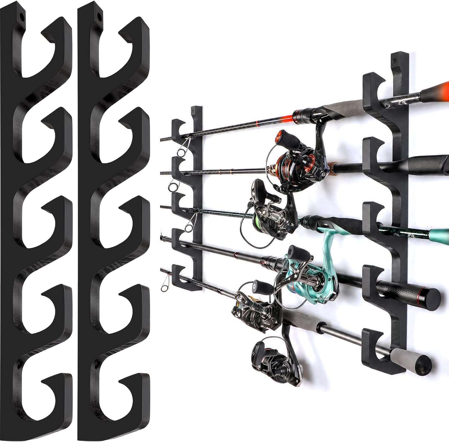 PLUSINNO H5W Solid Wood Fishing Rod Holder, Horizontal Wall & Ceiling Mount Fishing Pole Holders for Garage Storage, Holds 5Rods,