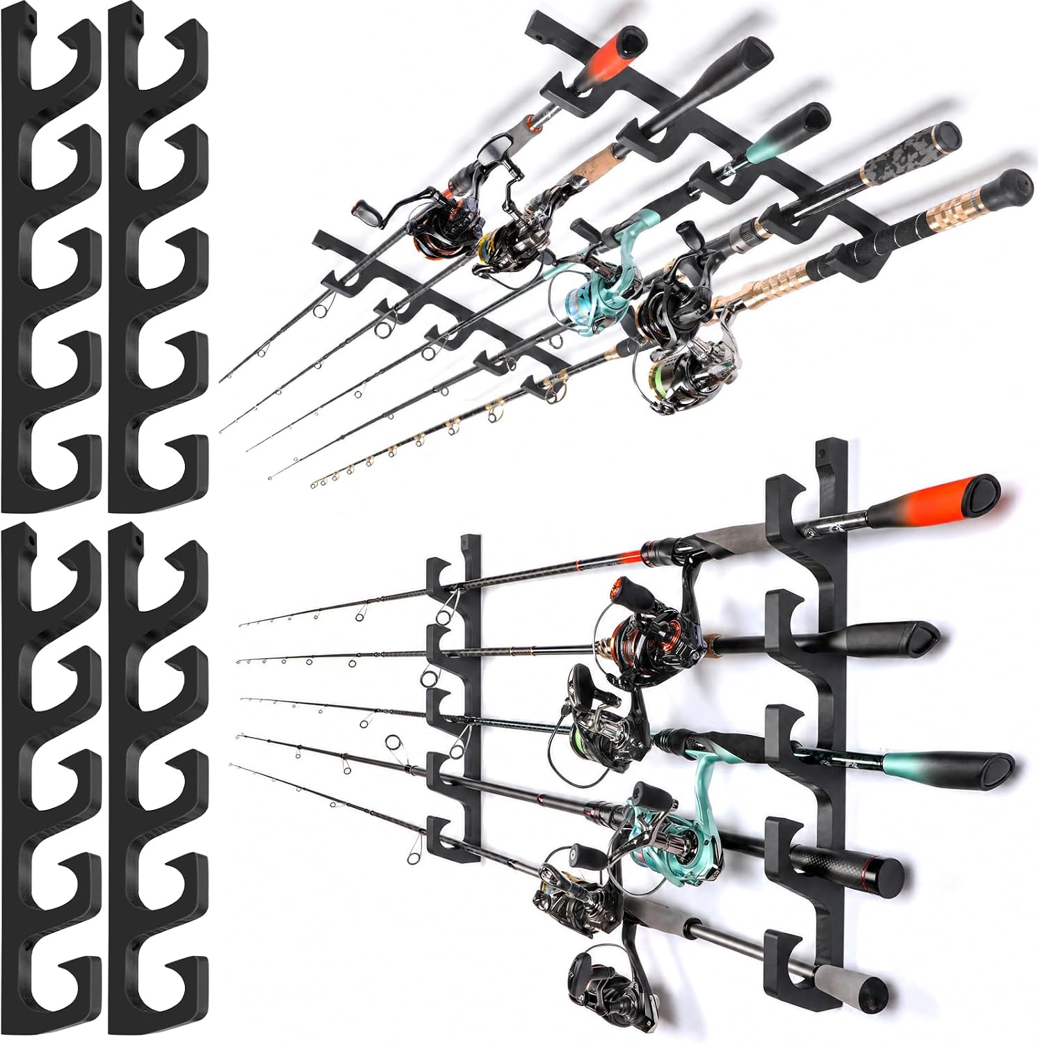 PLUSINNO H5W Solid Wood Fishing Rod Holder, Horizontal Wall & Ceiling Mount Fishing Pole Holders for Garage Storage, Holds 5Rods,